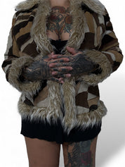 Vintage leather patchwork fur trim jacket (L)