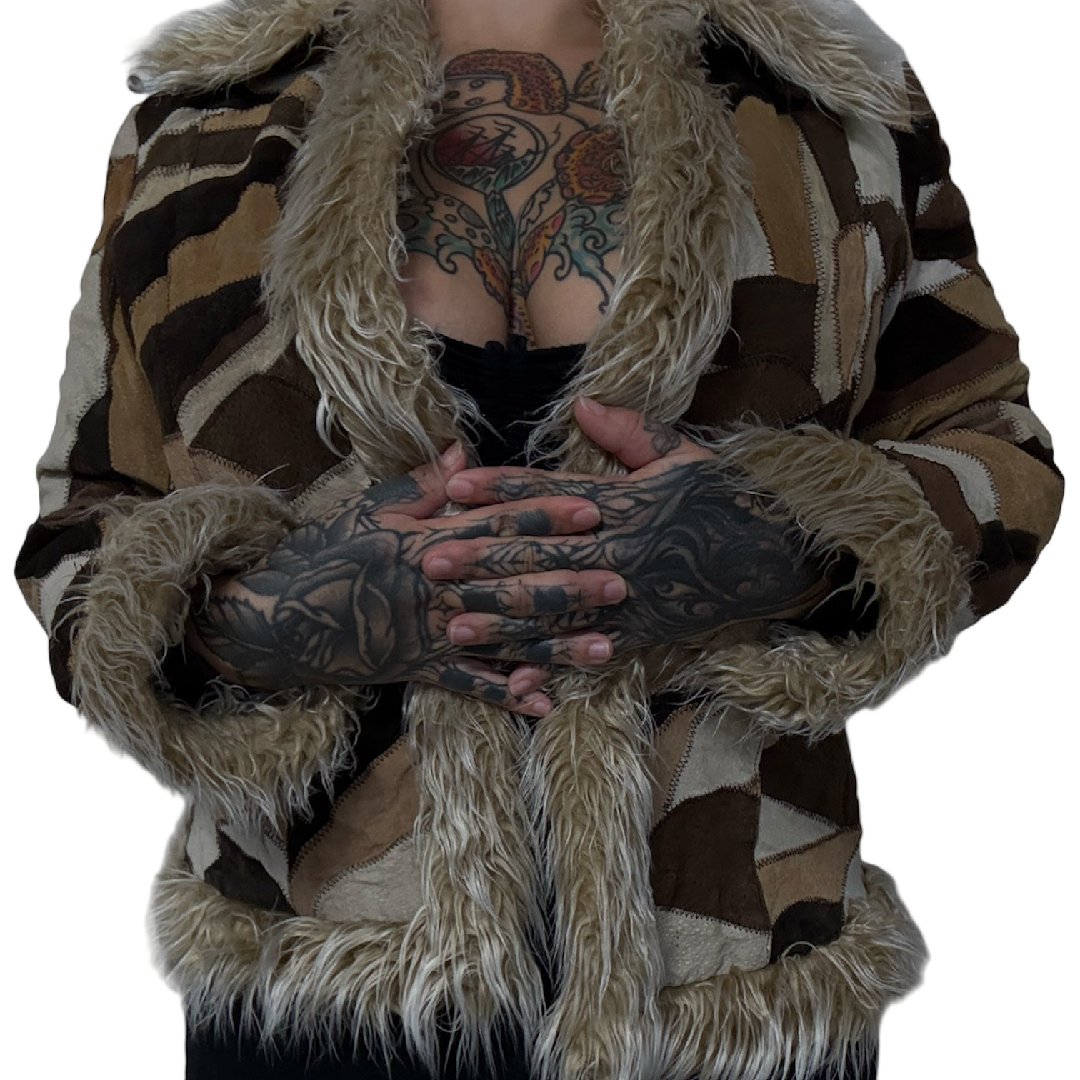 Vintage leather patchwork fur trim jacket (L)