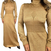 70s Gold Knit Turtleneck Maxi Dress (M)