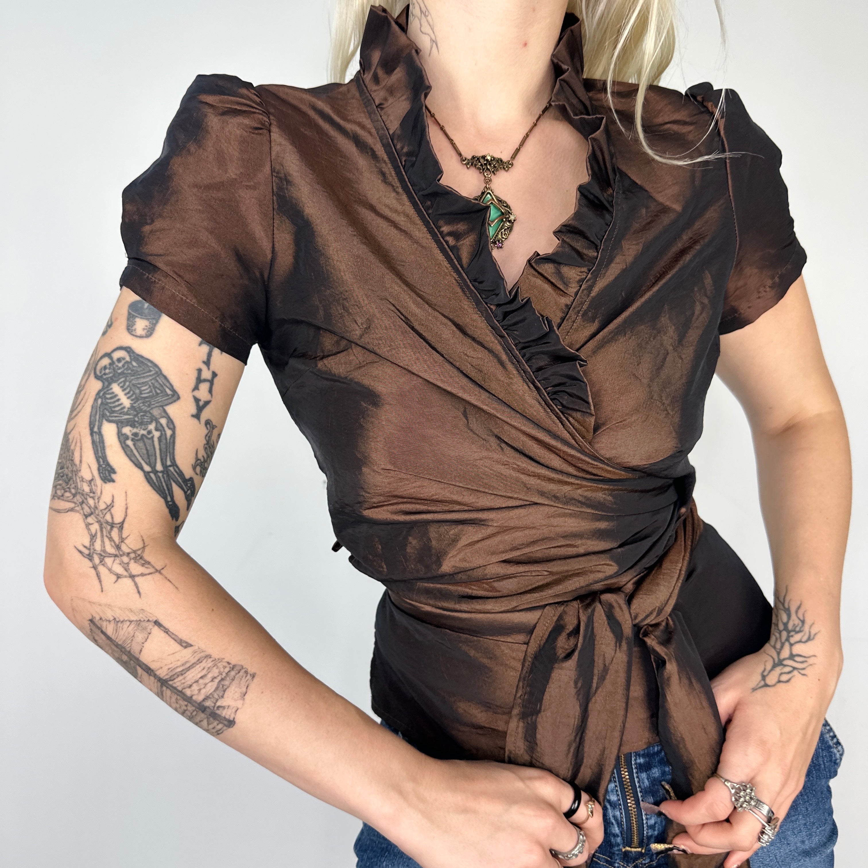 Chocolate Metallic Wraparound Blouse (M)