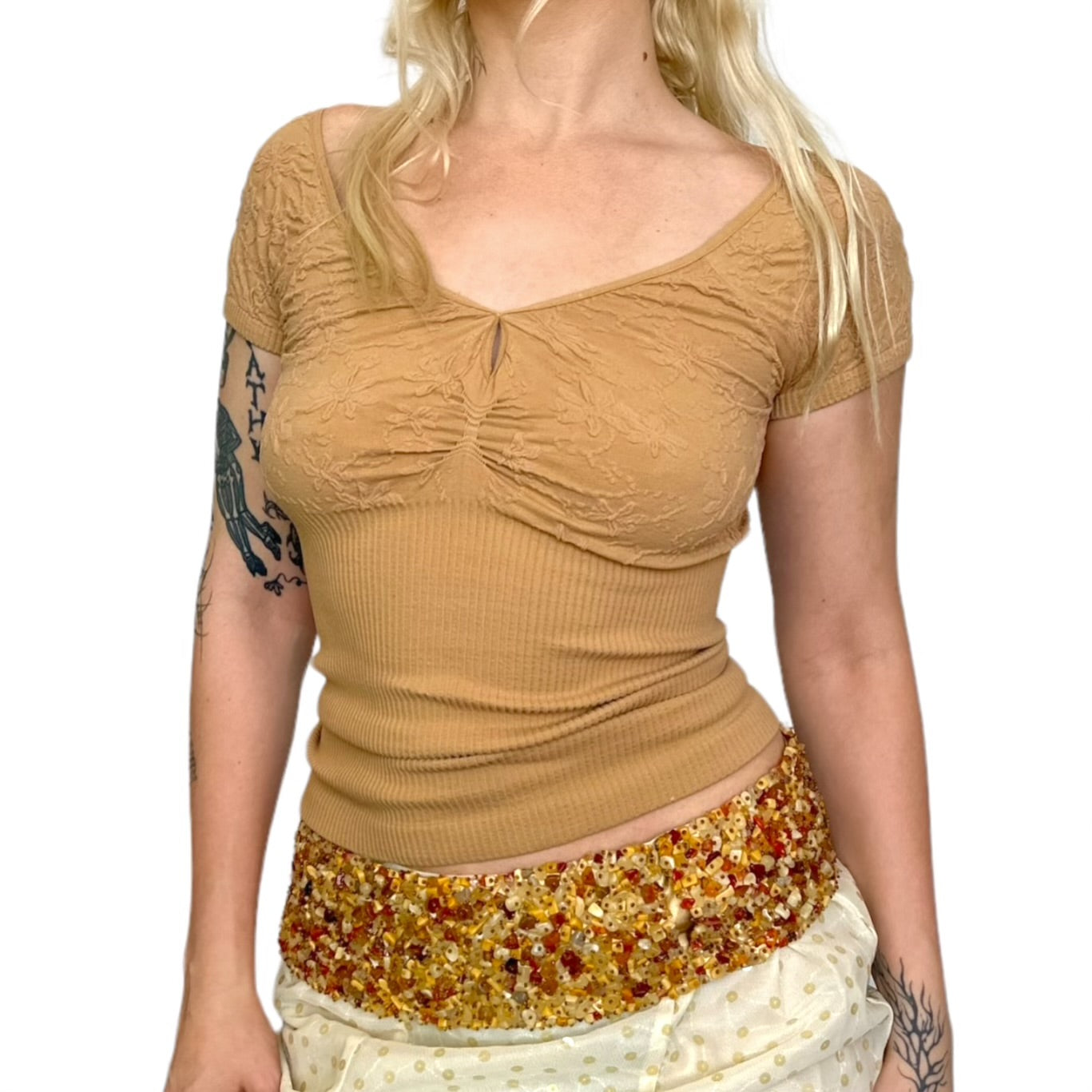 Tan Floral Stretchy Blouse (S)