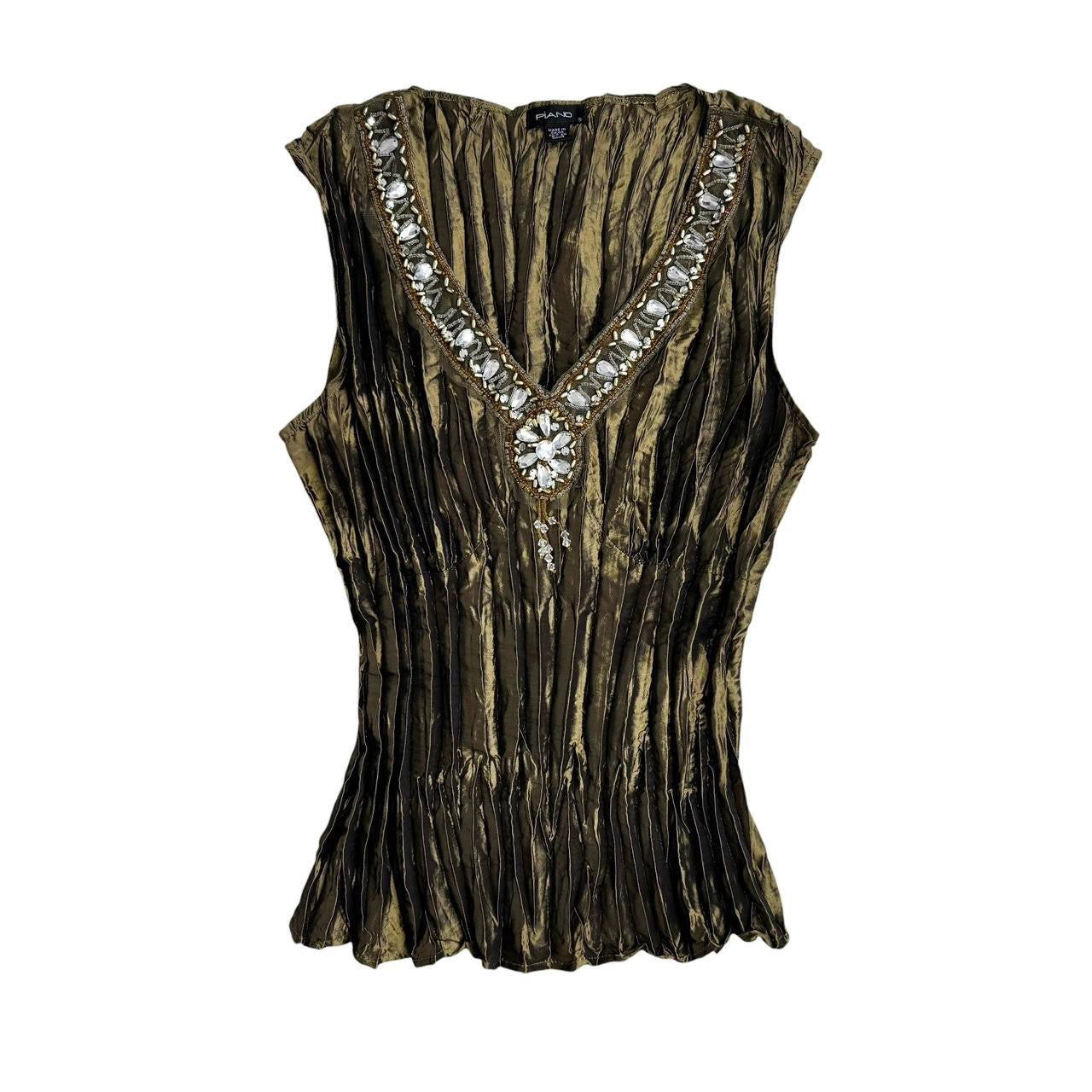 Beaded Iridescent Olive Top (S)