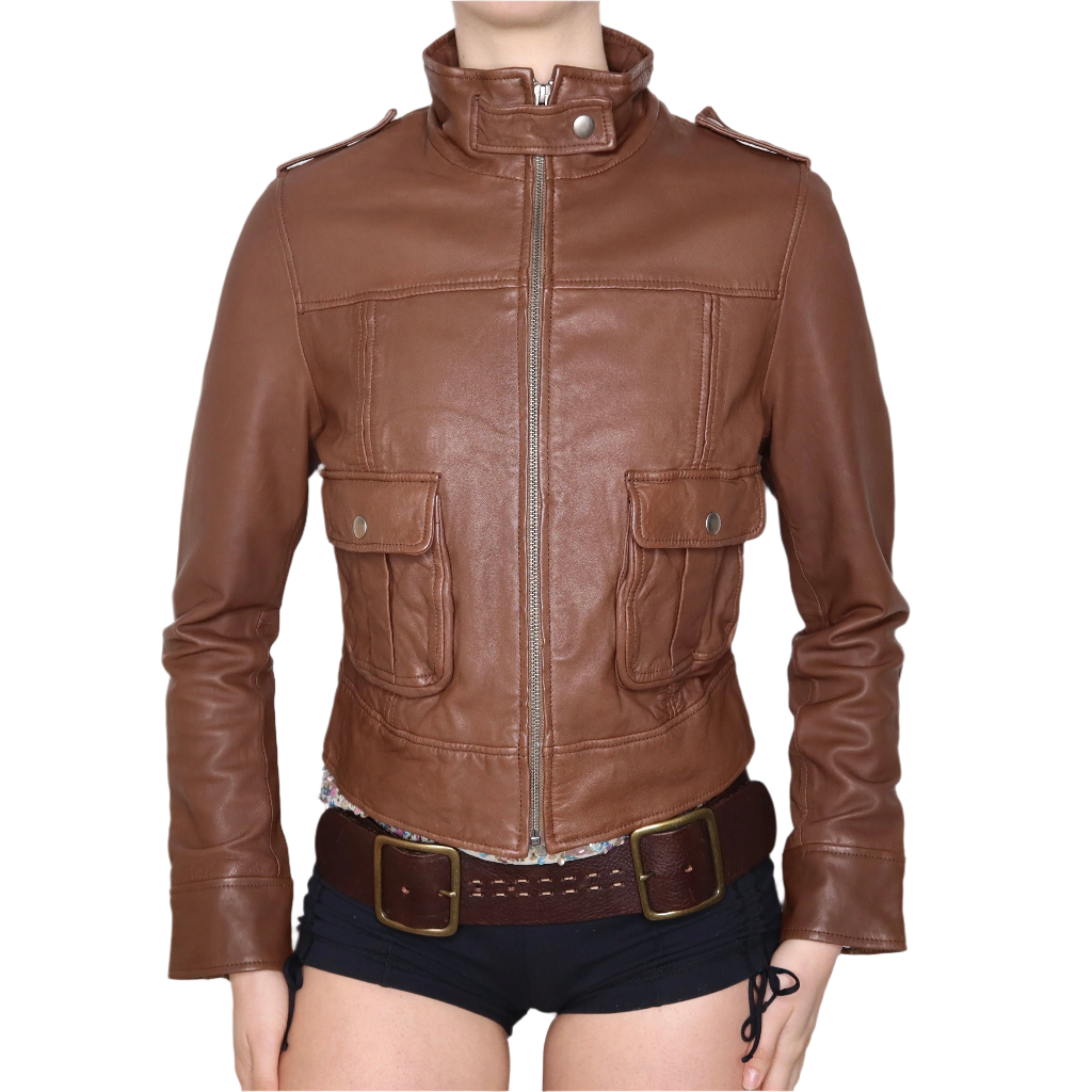 Y2K Brown Leather Moto Jacket (M)