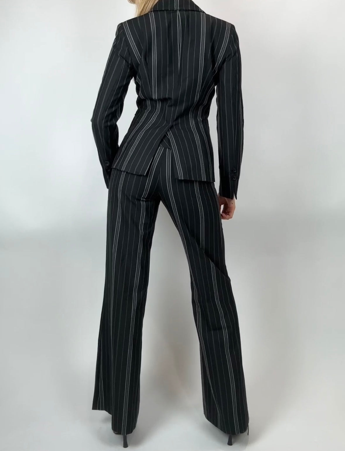90's Charcoal Striped Blazer Pant Suit Set (S)