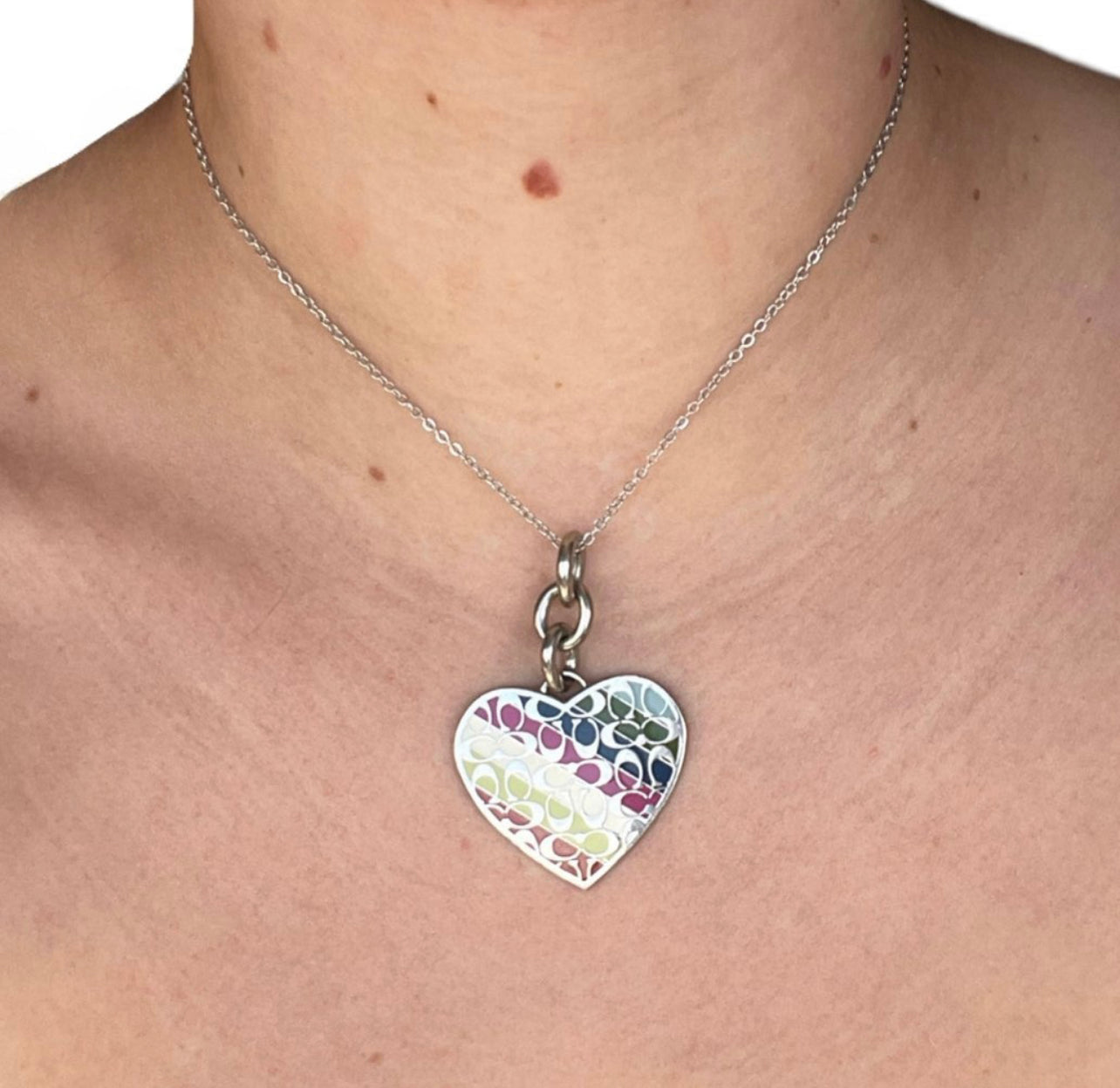 2000s Rainbow Coach Logo Heart Necklace on Silver Chain