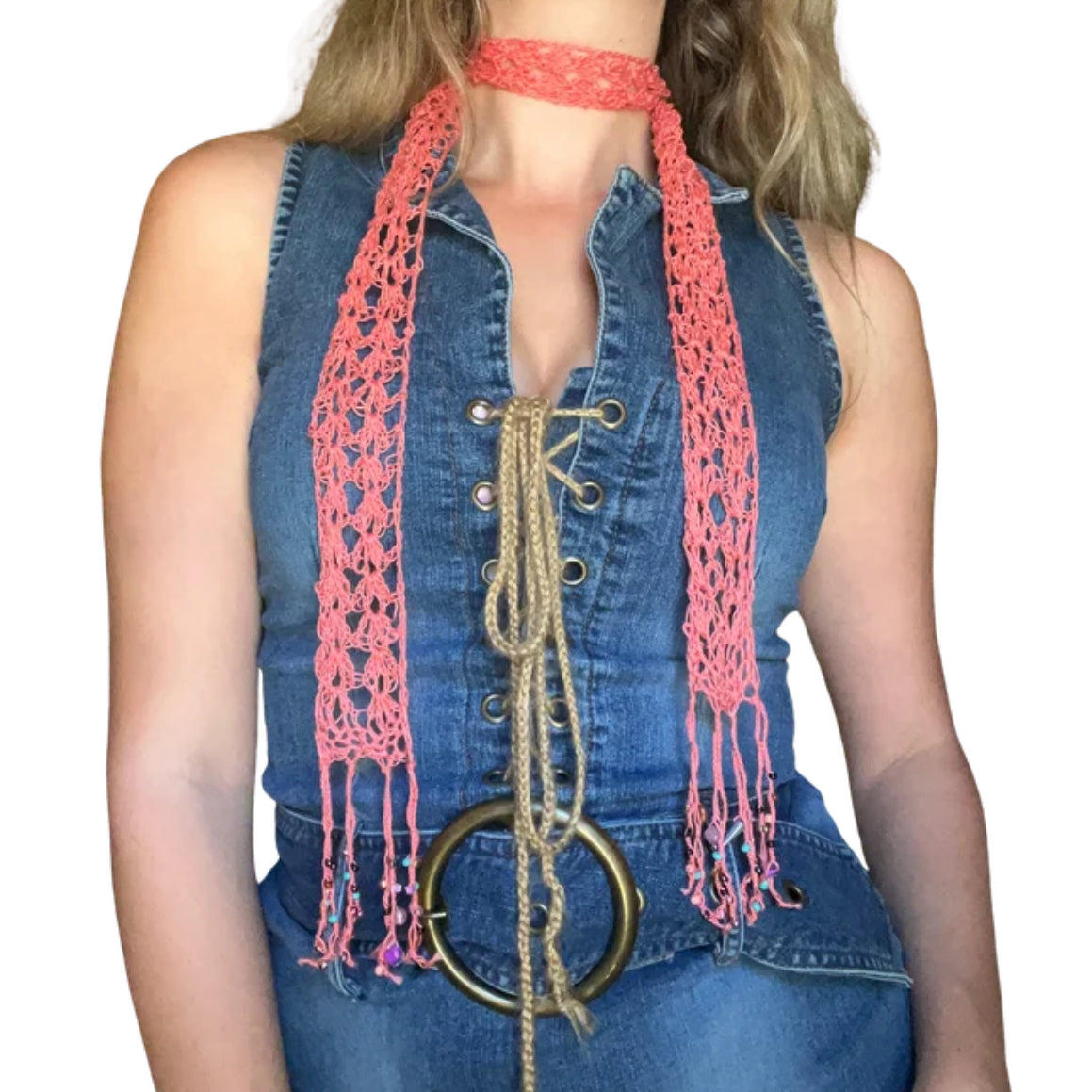 Coral Beaded Fringe Scarf