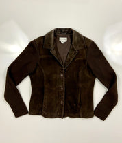 Vintage Live a Little Brown suede Leather
Shell Knit Sleeve Collared Jacket