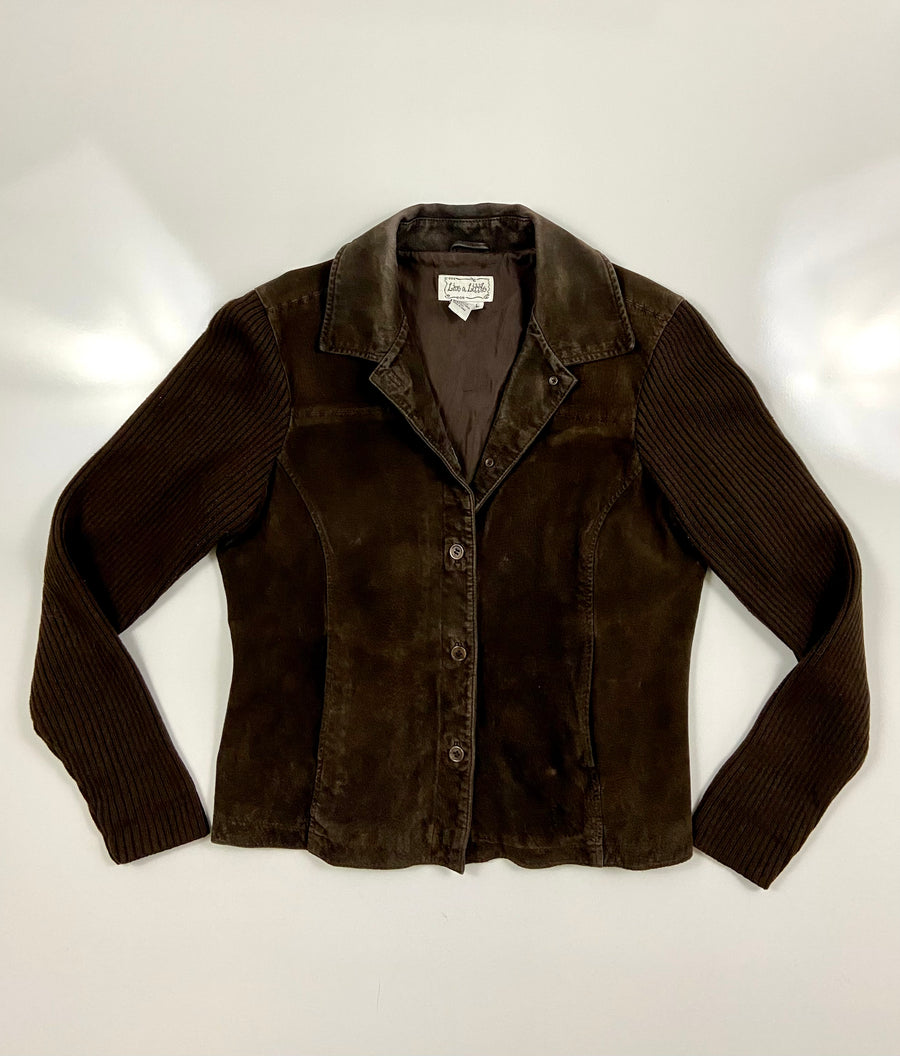 Vintage Live a Little Brown suede LeatherShell Knit Sleeve Collared Jacket