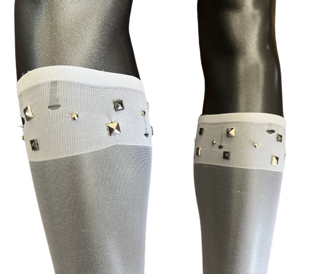 Studded Distressed Knee High Mesh Socks