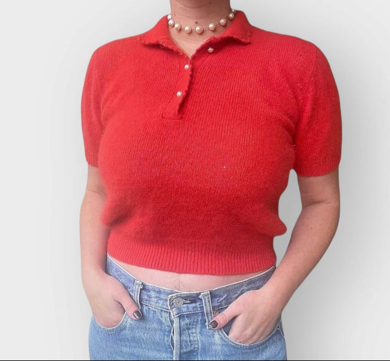 90s Red Angora Sweater Top with Pearl Buttons (S/M)