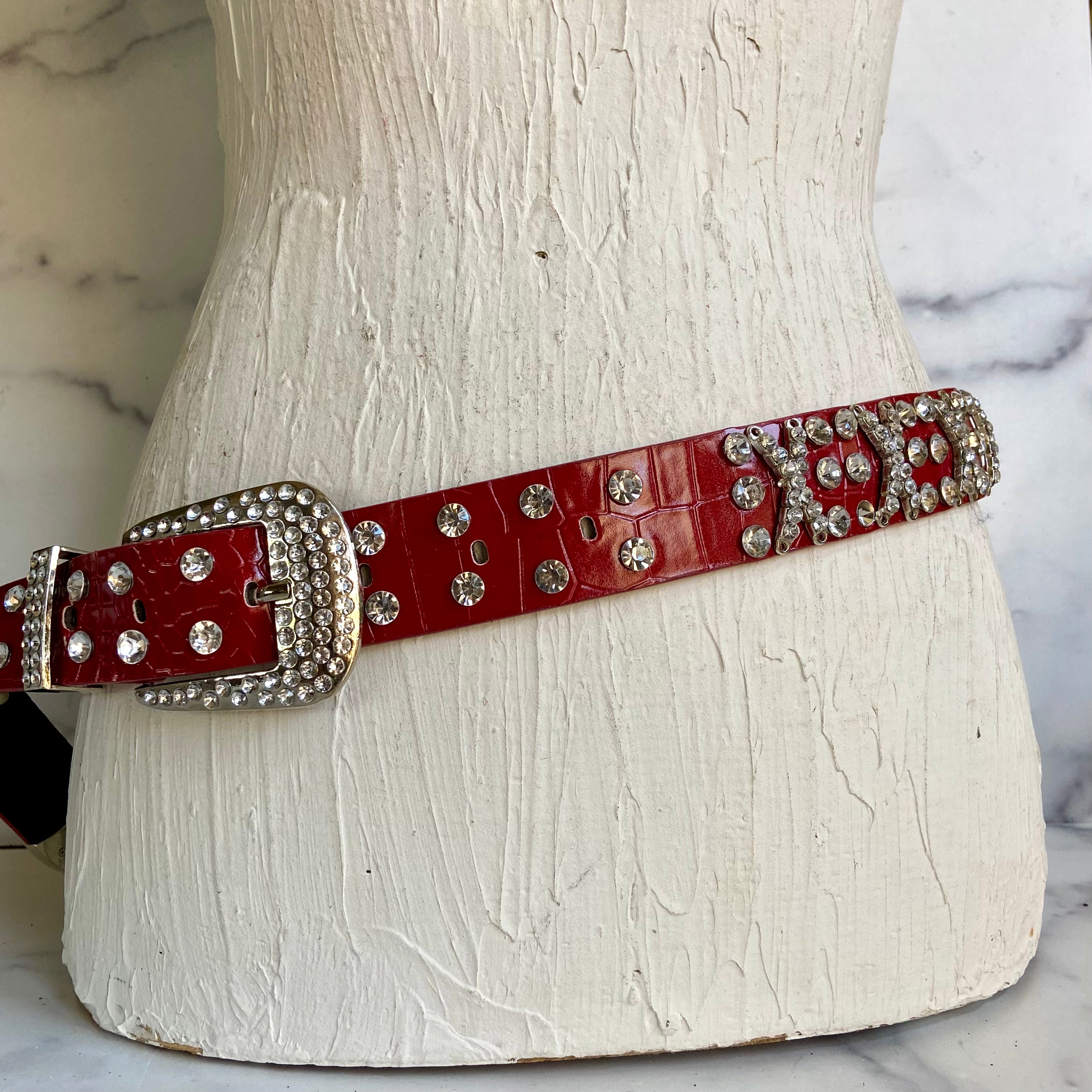 Rhinestone red leather belt