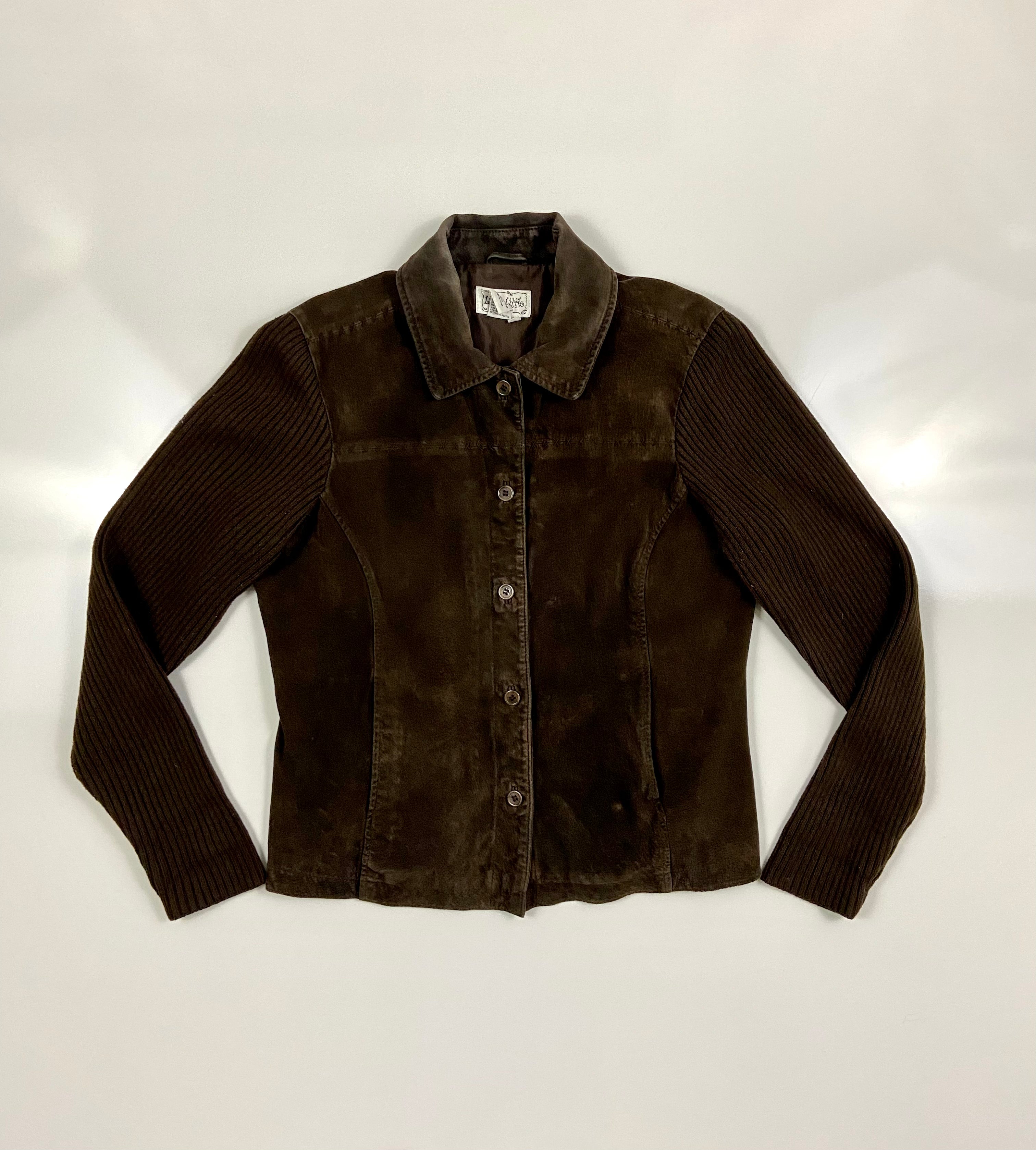 Vintage Live a Little Brown suede Leather
Shell Knit Sleeve Collared Jacket
