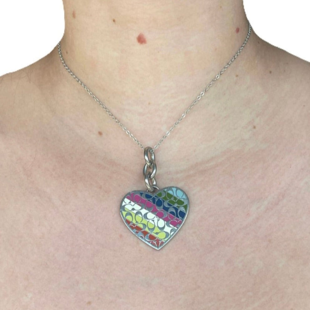 2000s Rainbow Coach Logo Heart Necklace on Silver Chain