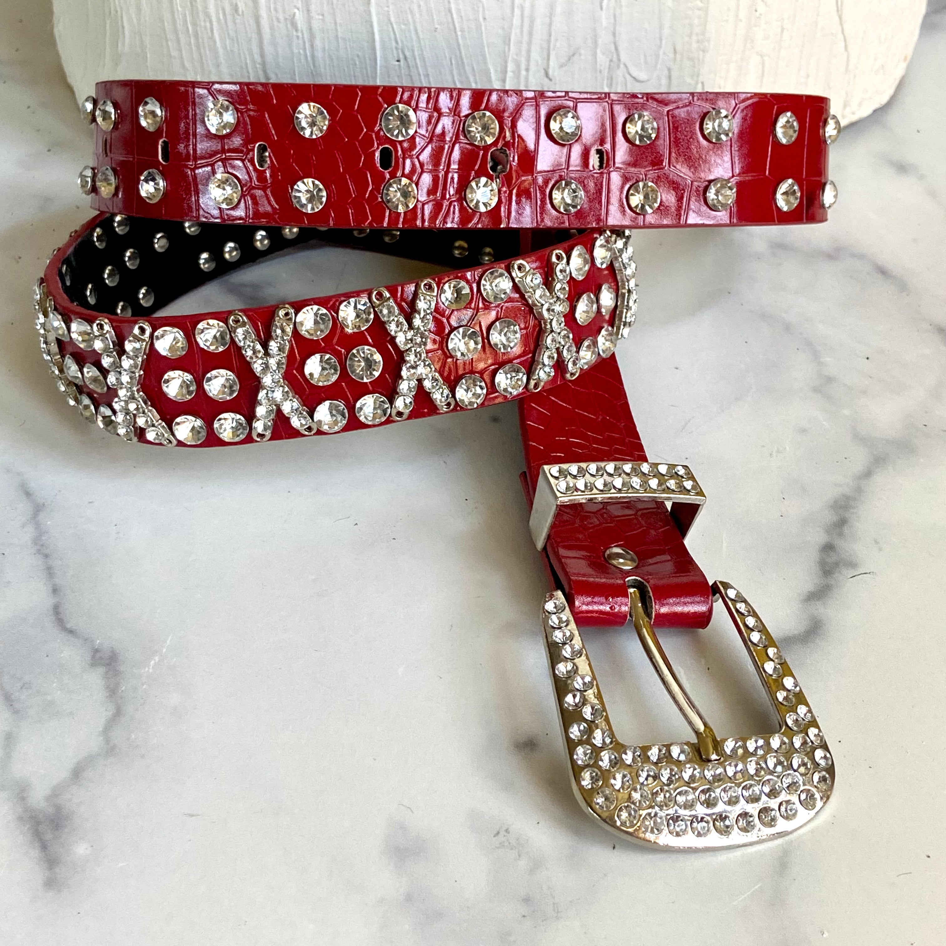 Rhinestone red leather belt