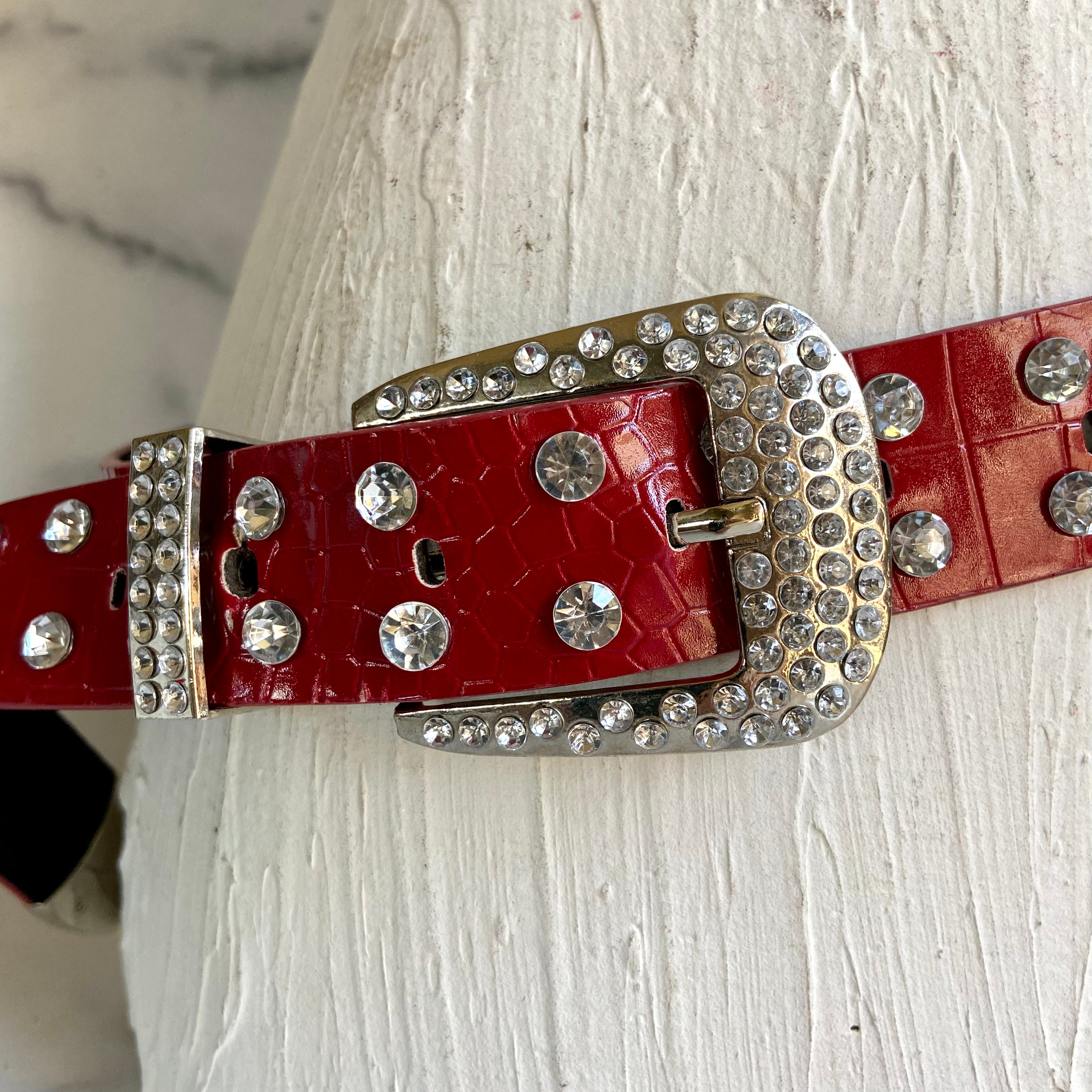 Rhinestone red leather belt