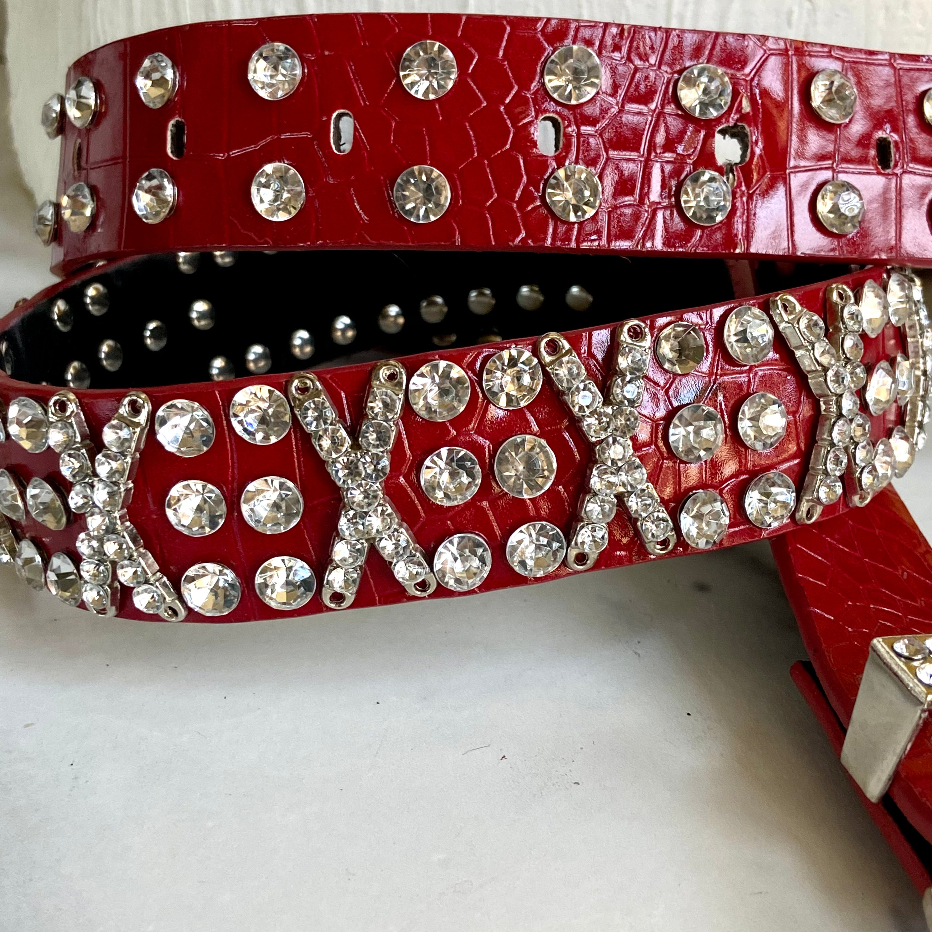 Rhinestone red leather belt