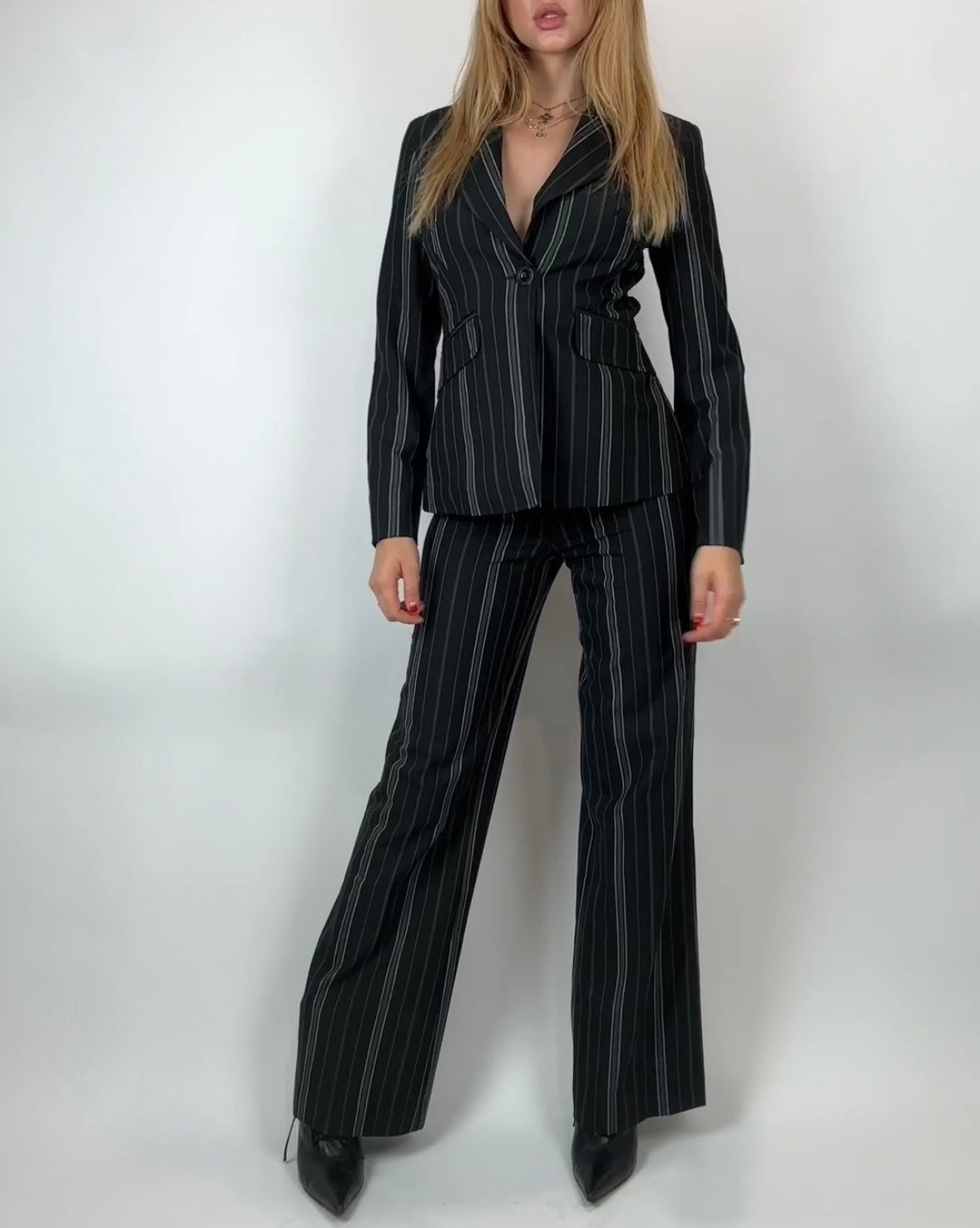 90's Charcoal Striped Blazer Pant Suit Set (S)