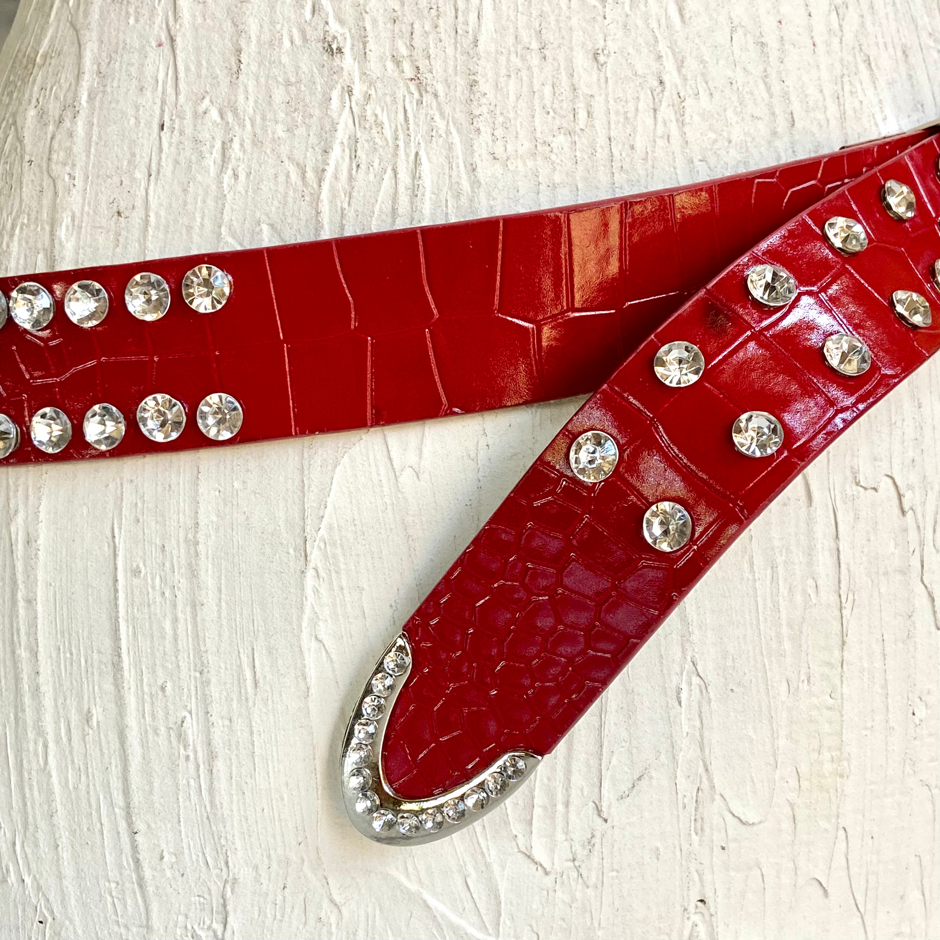 Rhinestone red leather belt