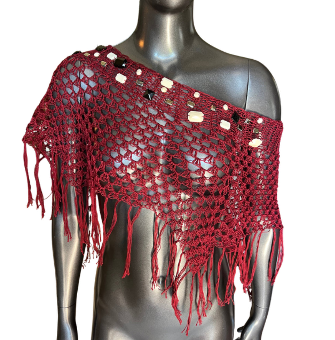 Embellished Crochet Fringe Poncho (M/L)
