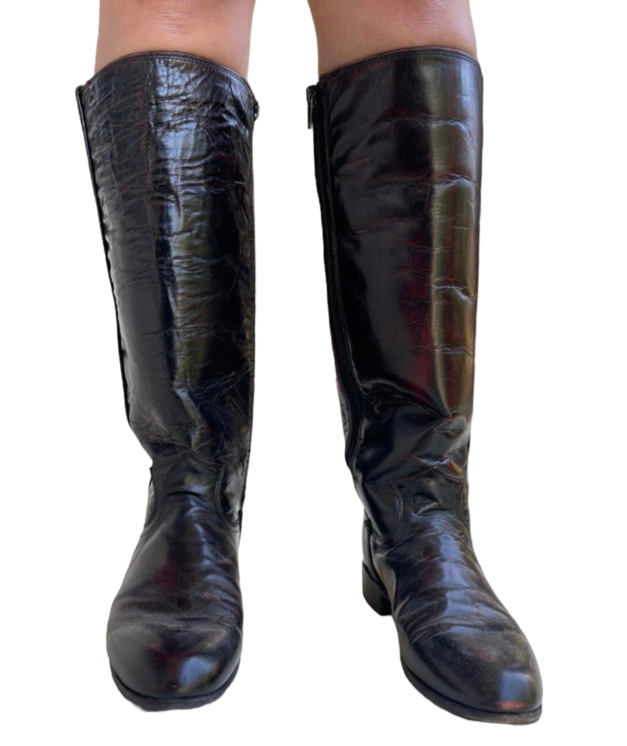 Vintage 1990s Black & Red Leather Knee-High Boots (6.5)