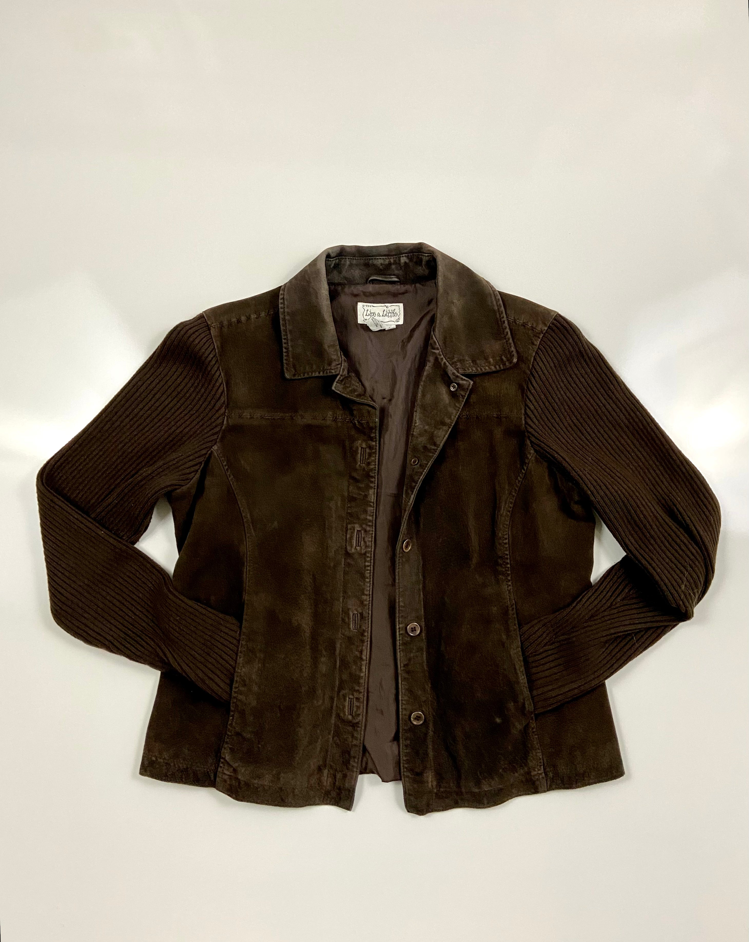 Vintage Live a Little Brown suede Leather
Shell Knit Sleeve Collared Jacket