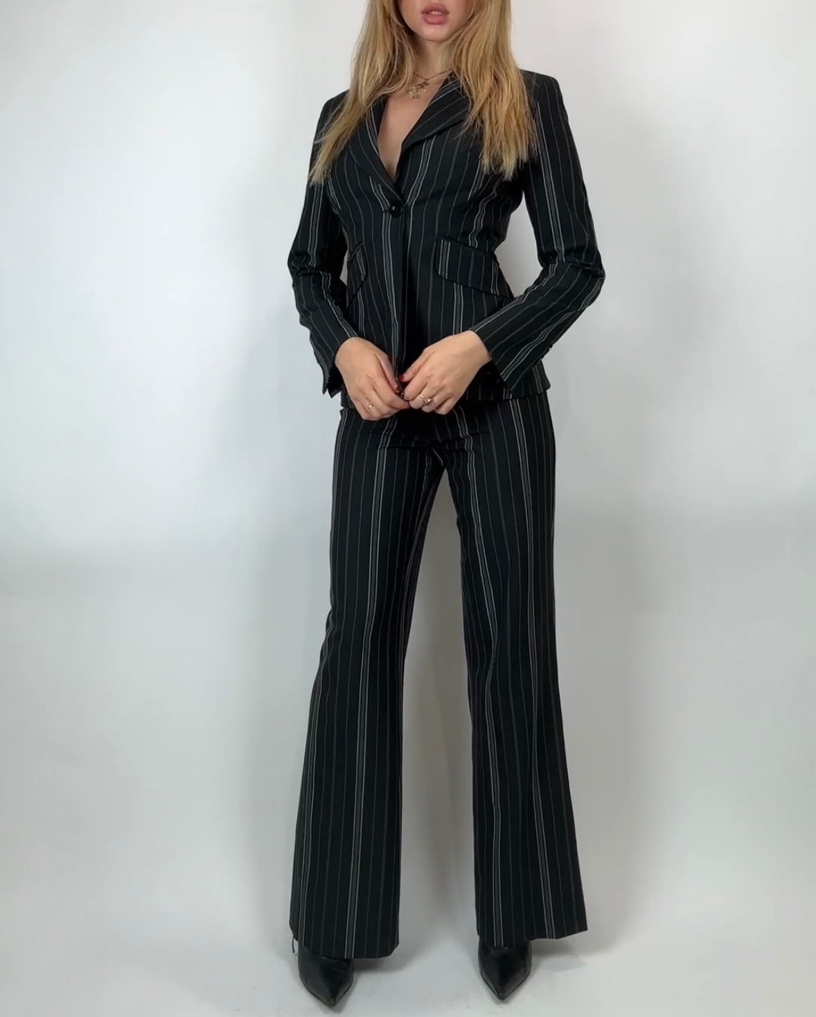 90's Charcoal Striped Blazer Pant Suit Set (S)