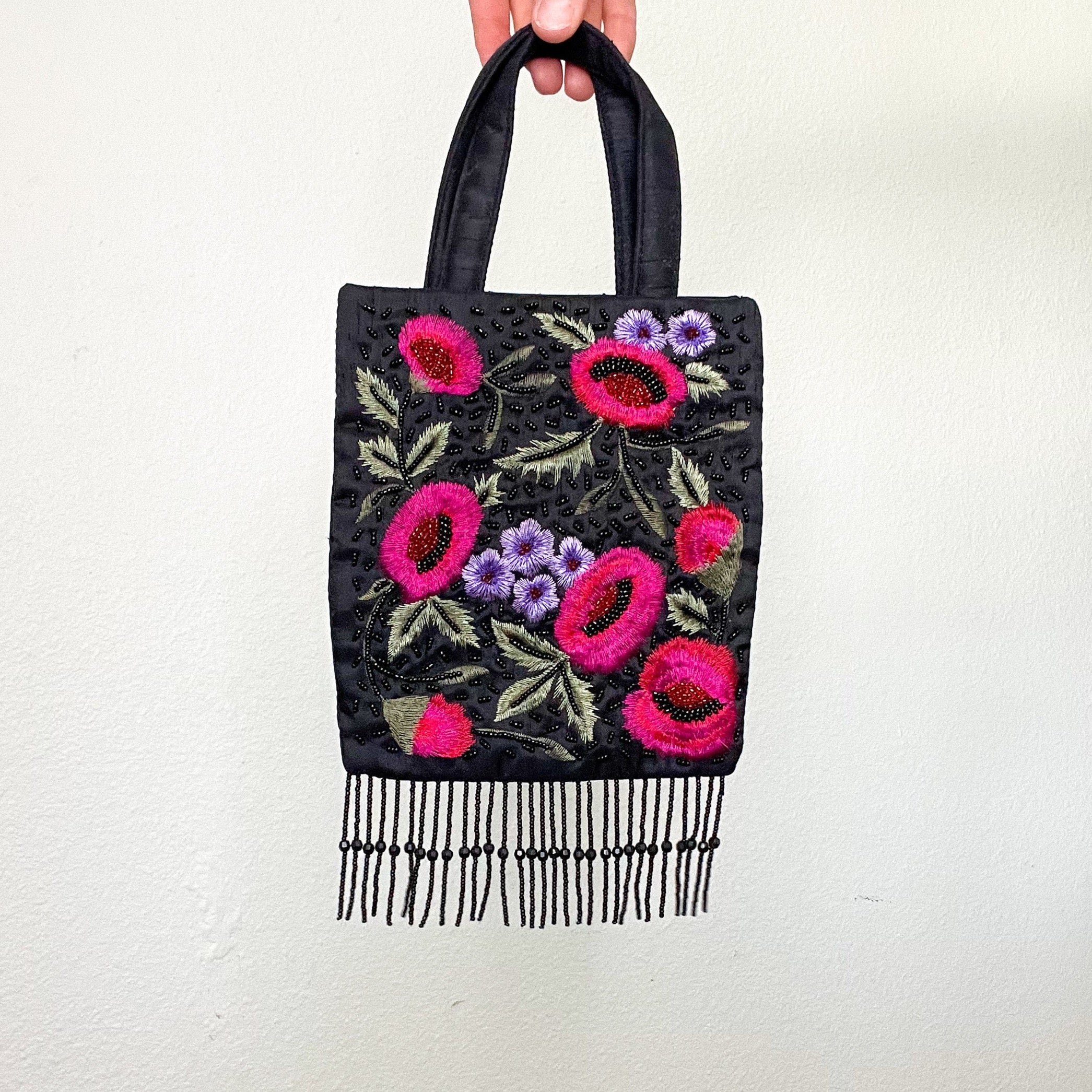 Black Floral Embroidered Fringe Mini Purse