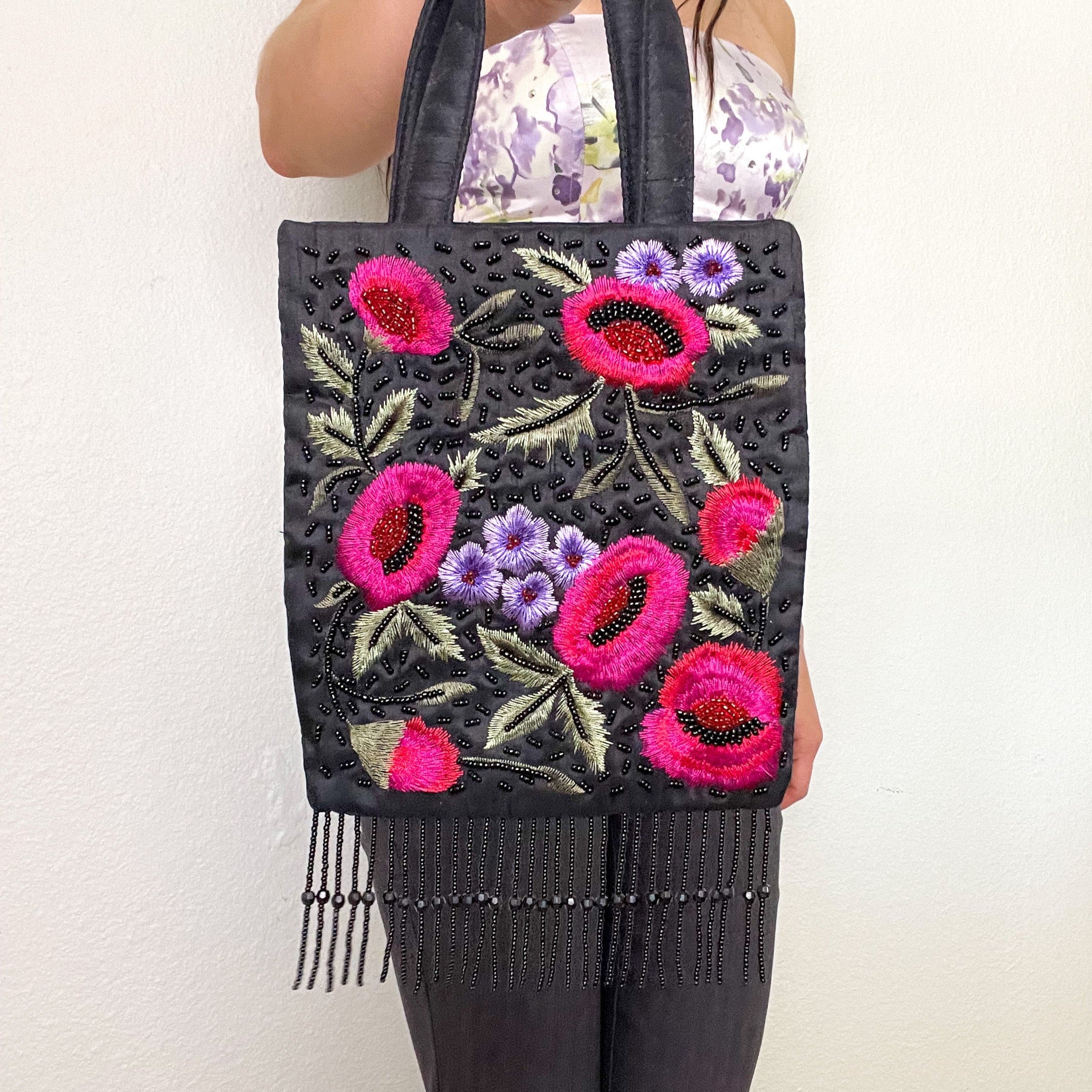 Black Floral Embroidered Fringe Mini Purse