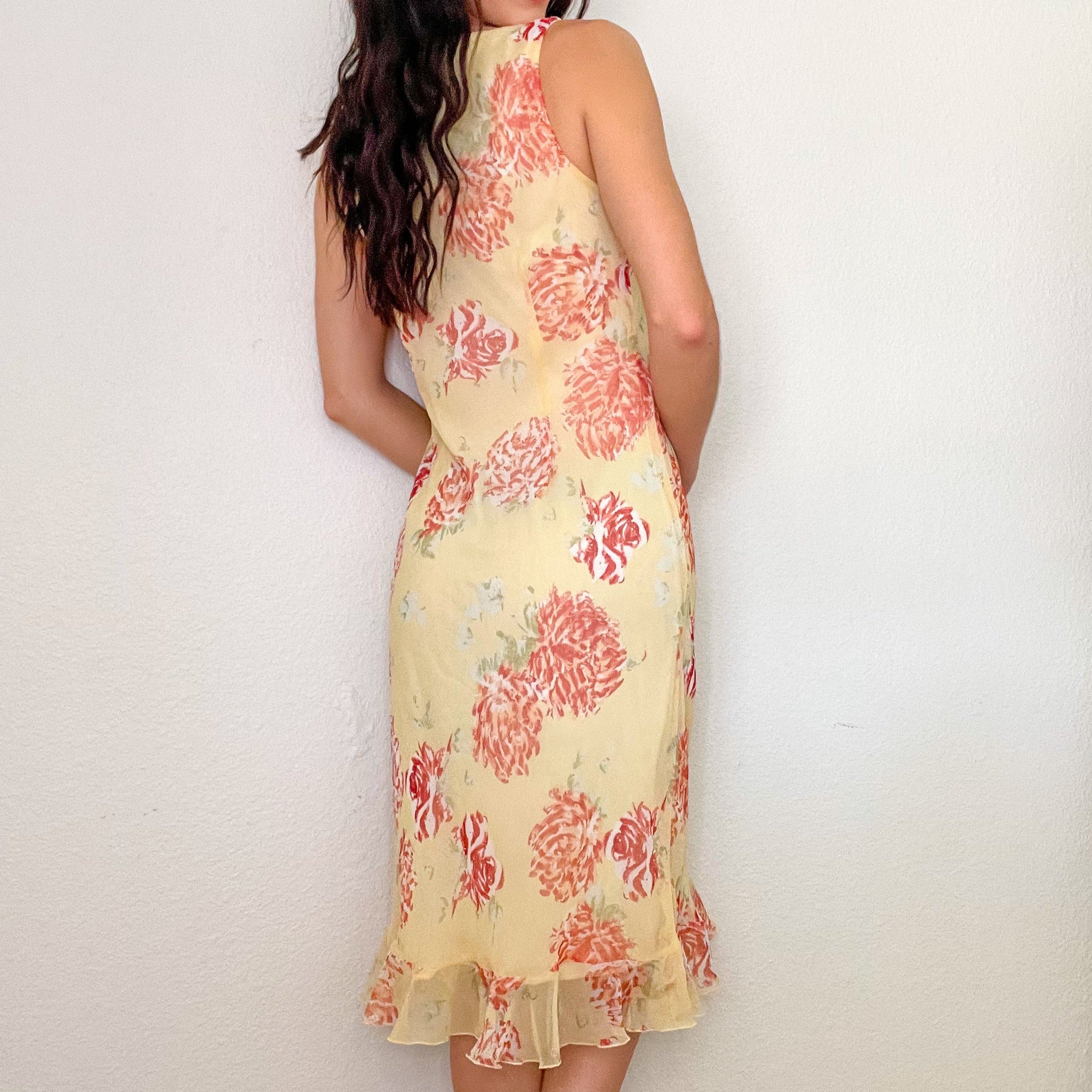 Yellow 90s Floral Summer Midi Dress