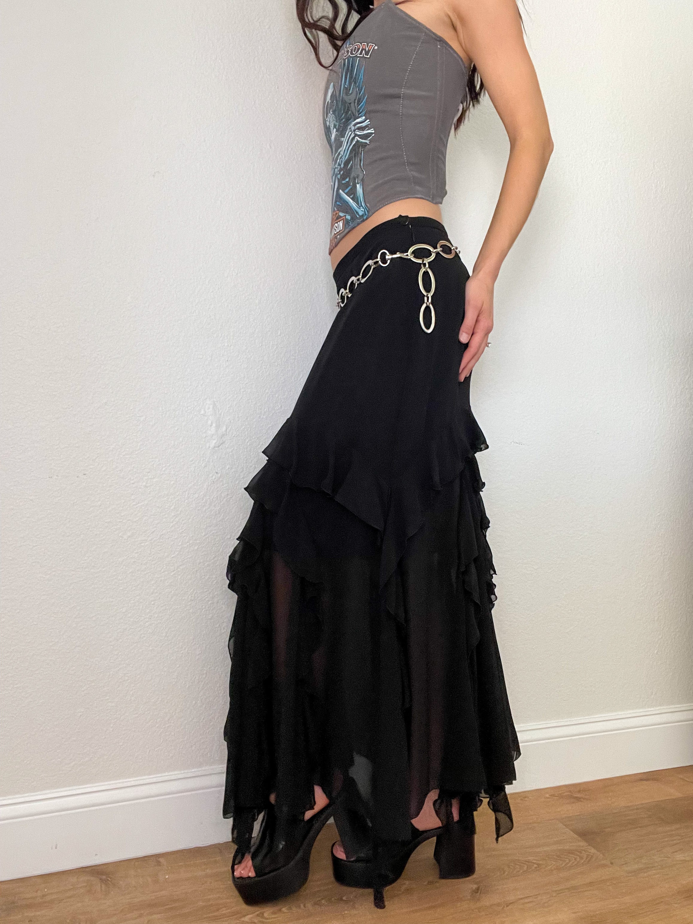 Black Ruffle Low Rise Maxi Skirt (S)