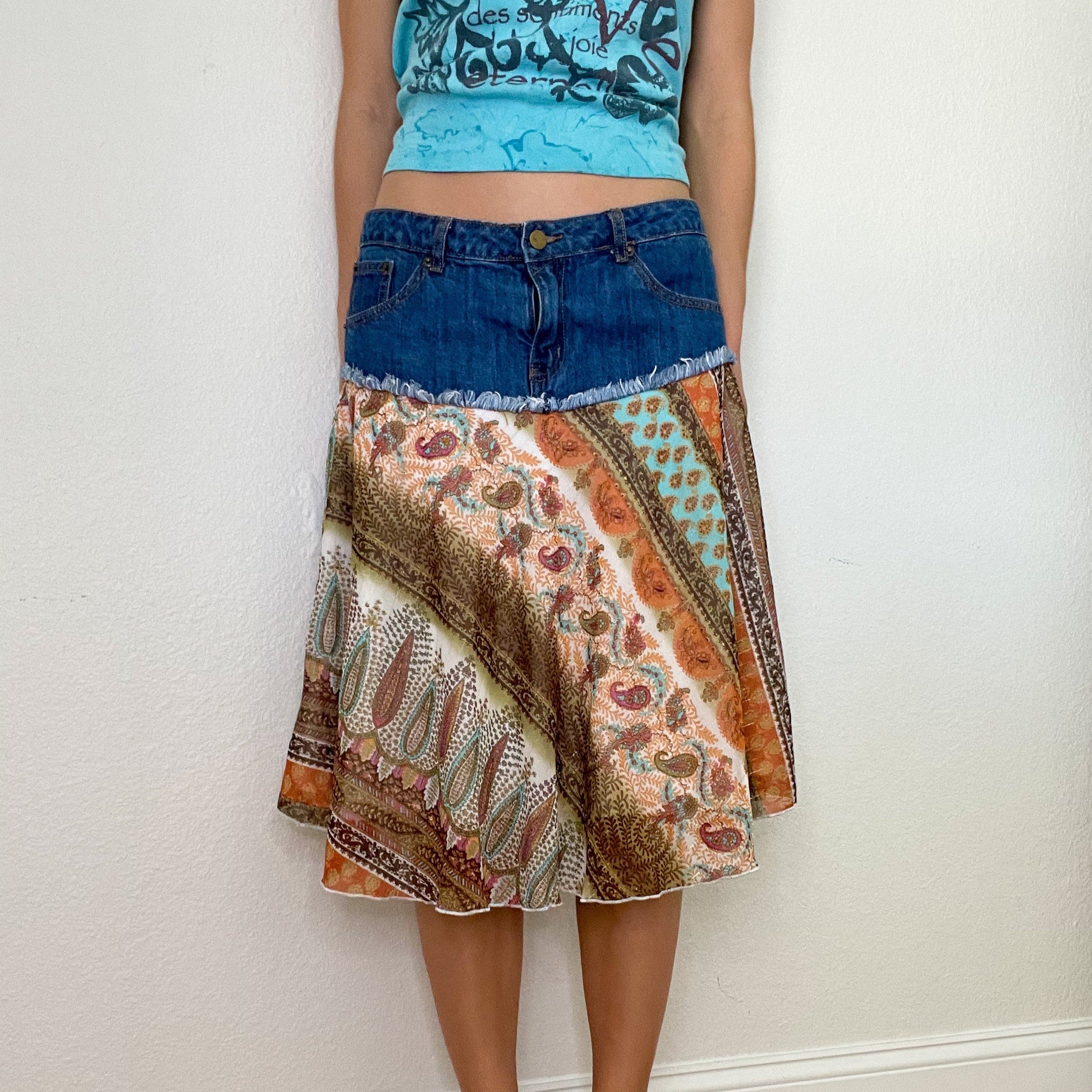Y2K Denim Ruffle Midi Skirt