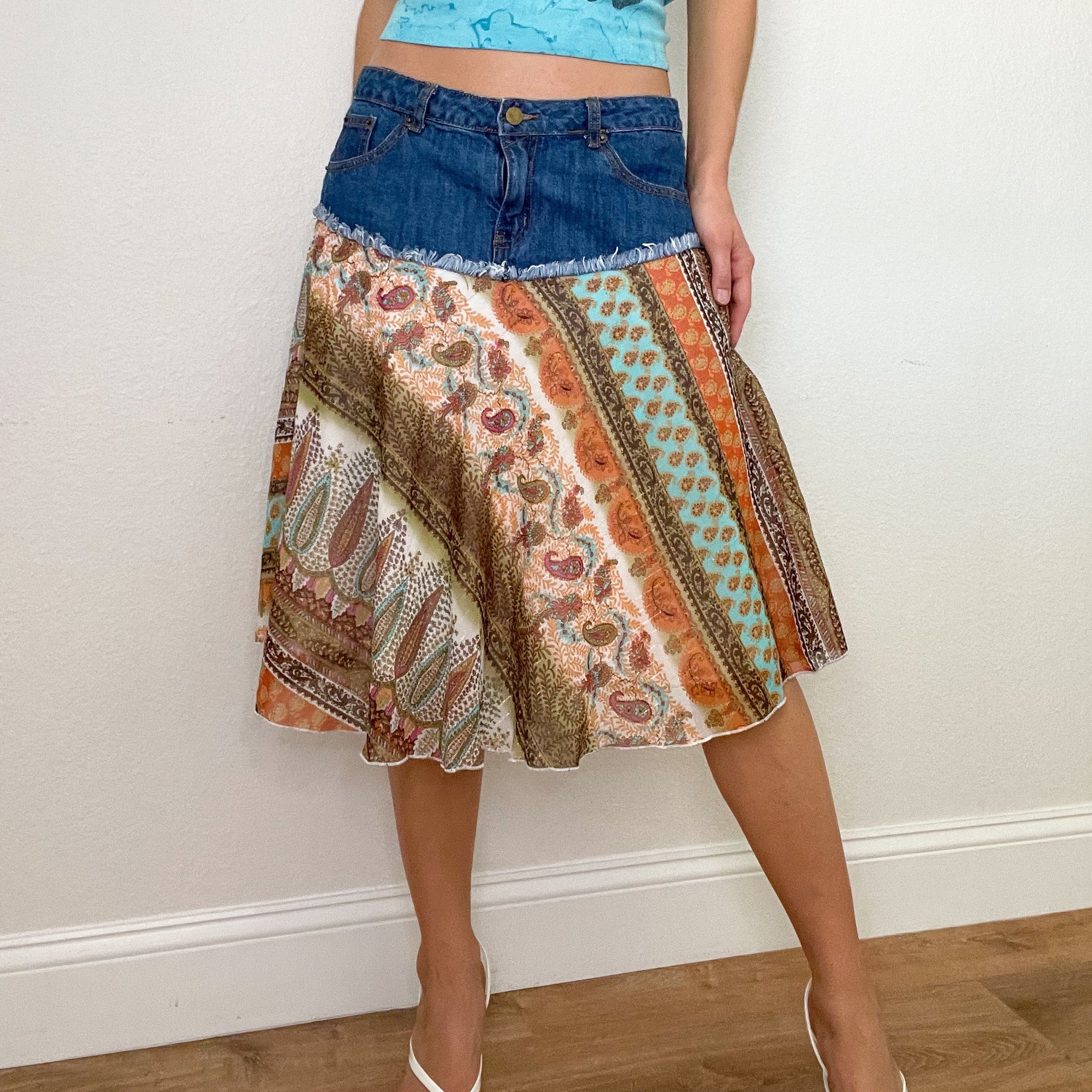 Y2K Denim Ruffle Midi Skirt