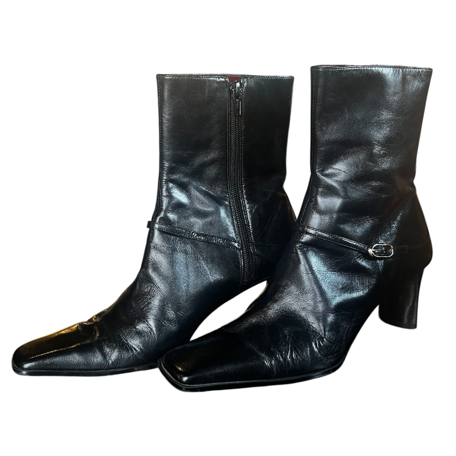 Mini Buckle Black Leather Booties (7.5)