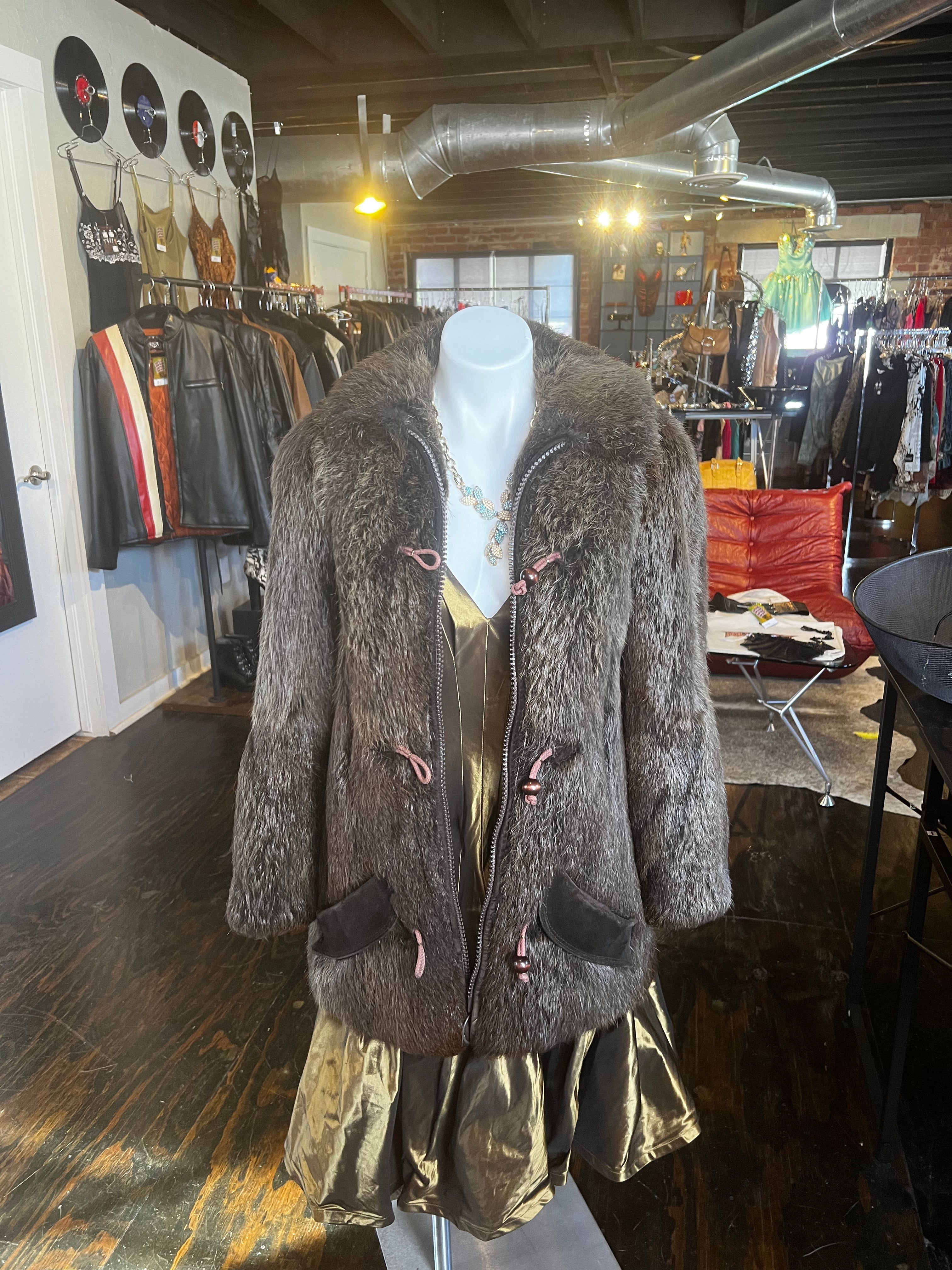Brown Fur Suede Button Coat (M)
