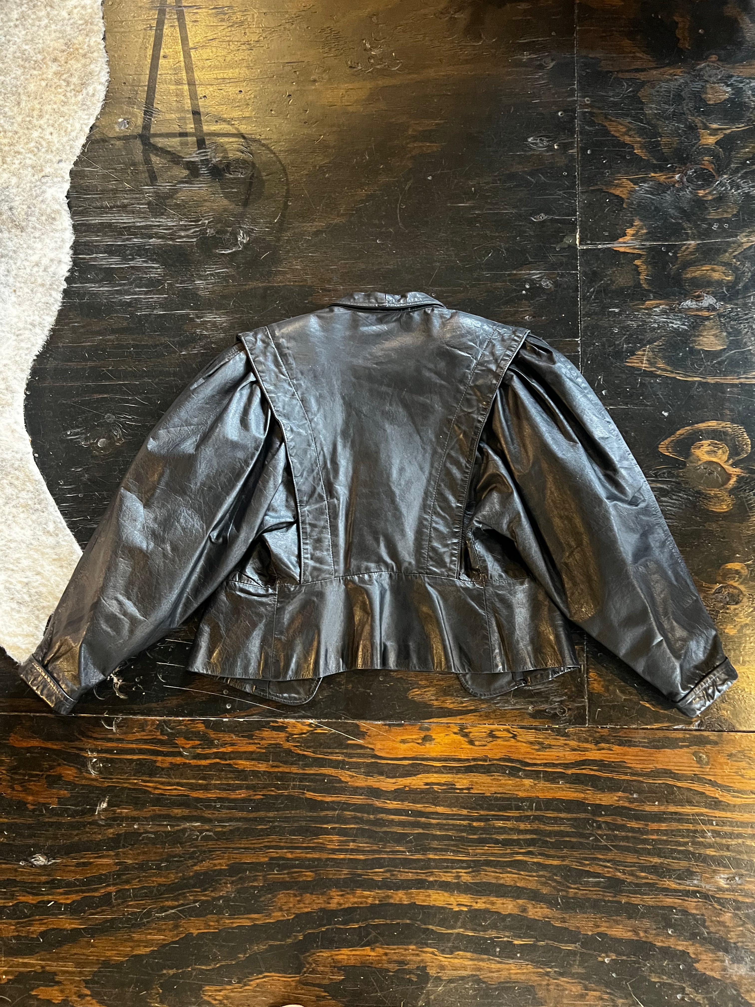 Black Leather Puffy Sleeves Jacket (S)