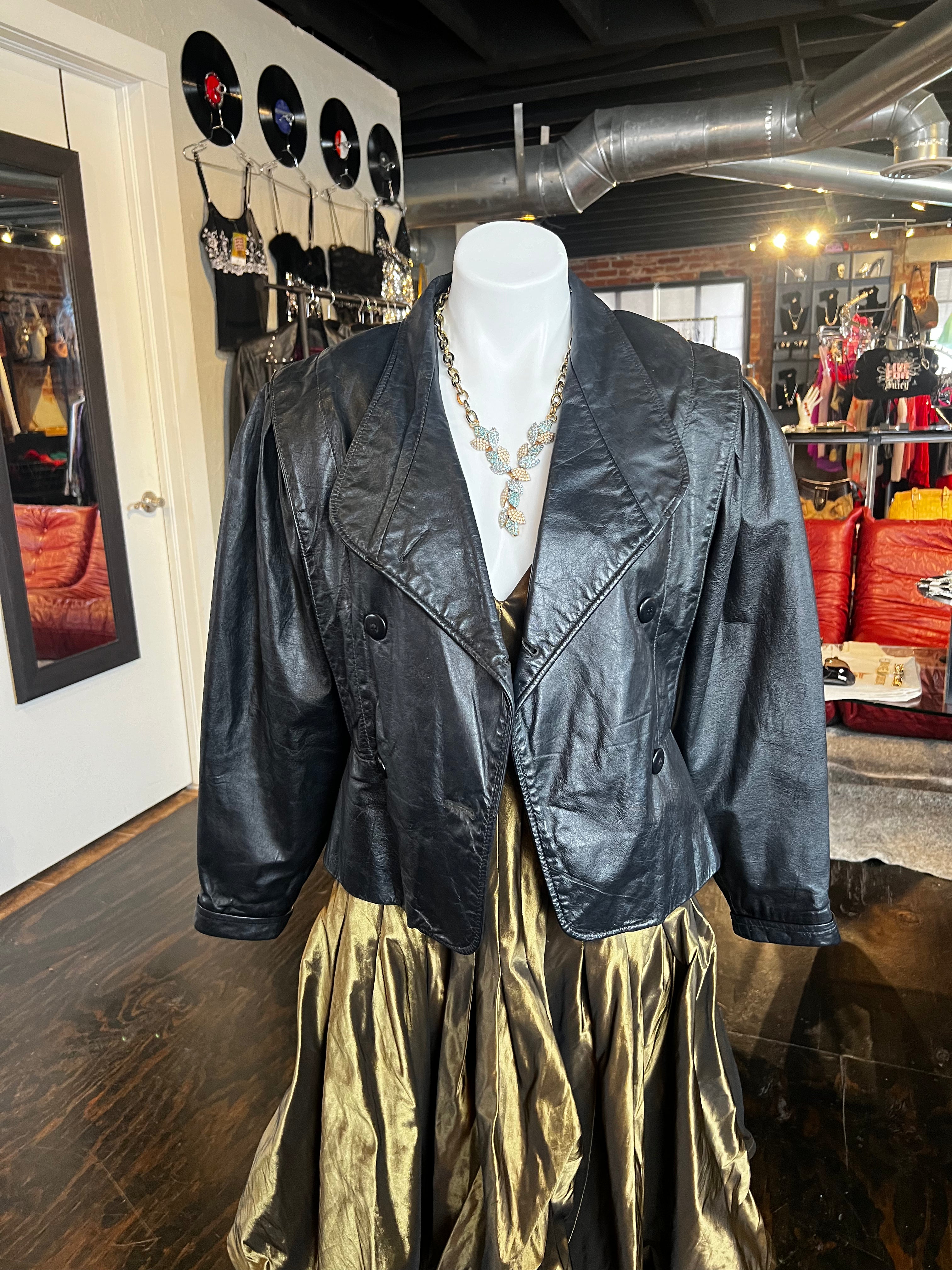 Black Leather Puffy Sleeves Jacket (S)