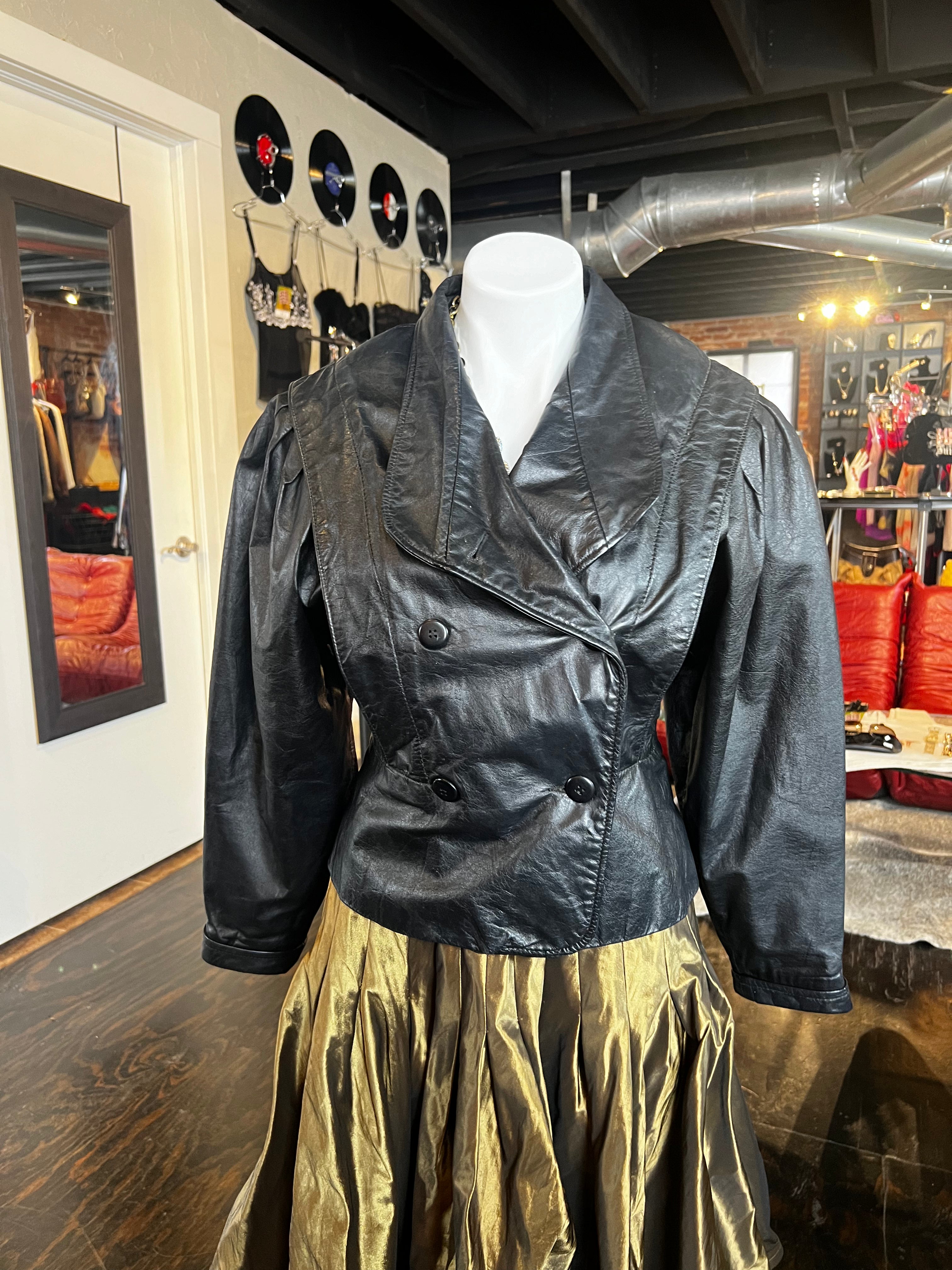 Black Leather Puffy Sleeves Jacket (S)