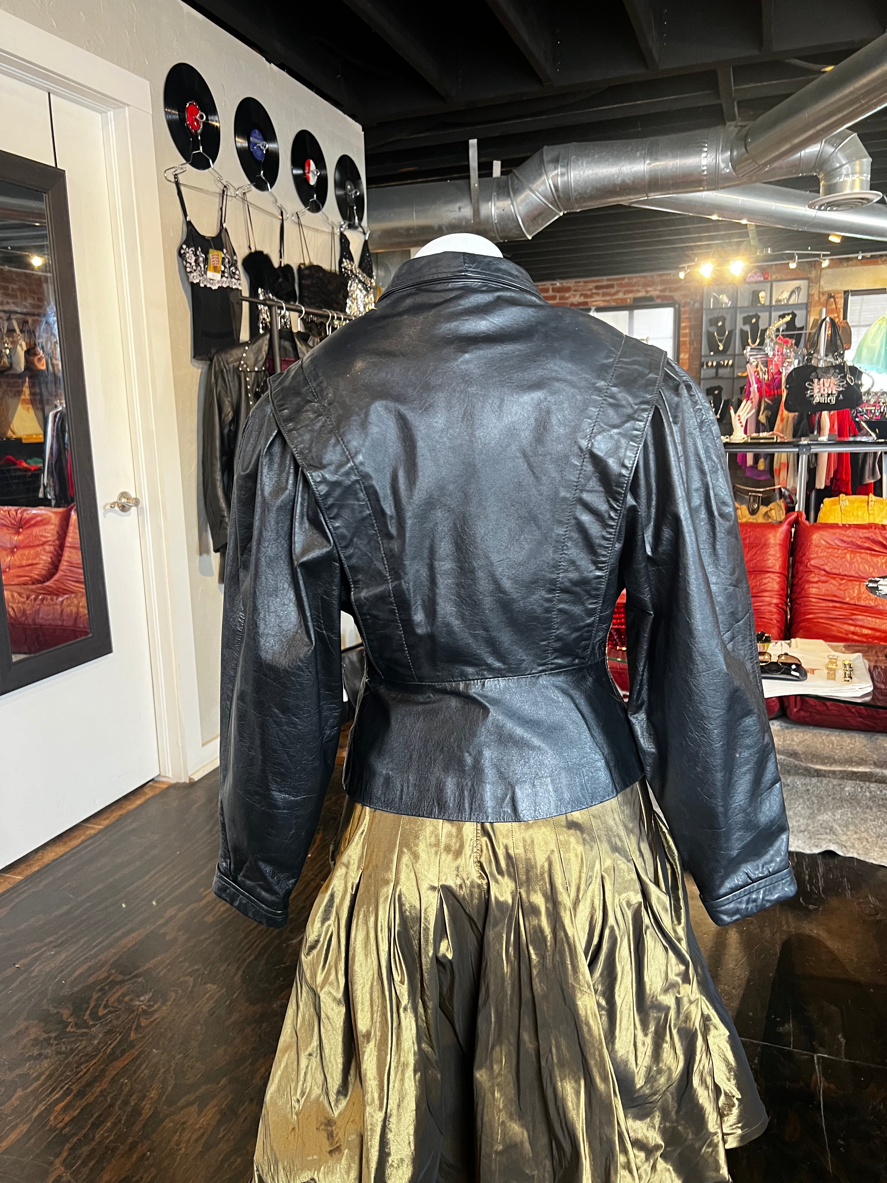 Black Leather Puffy Sleeves Jacket (S)