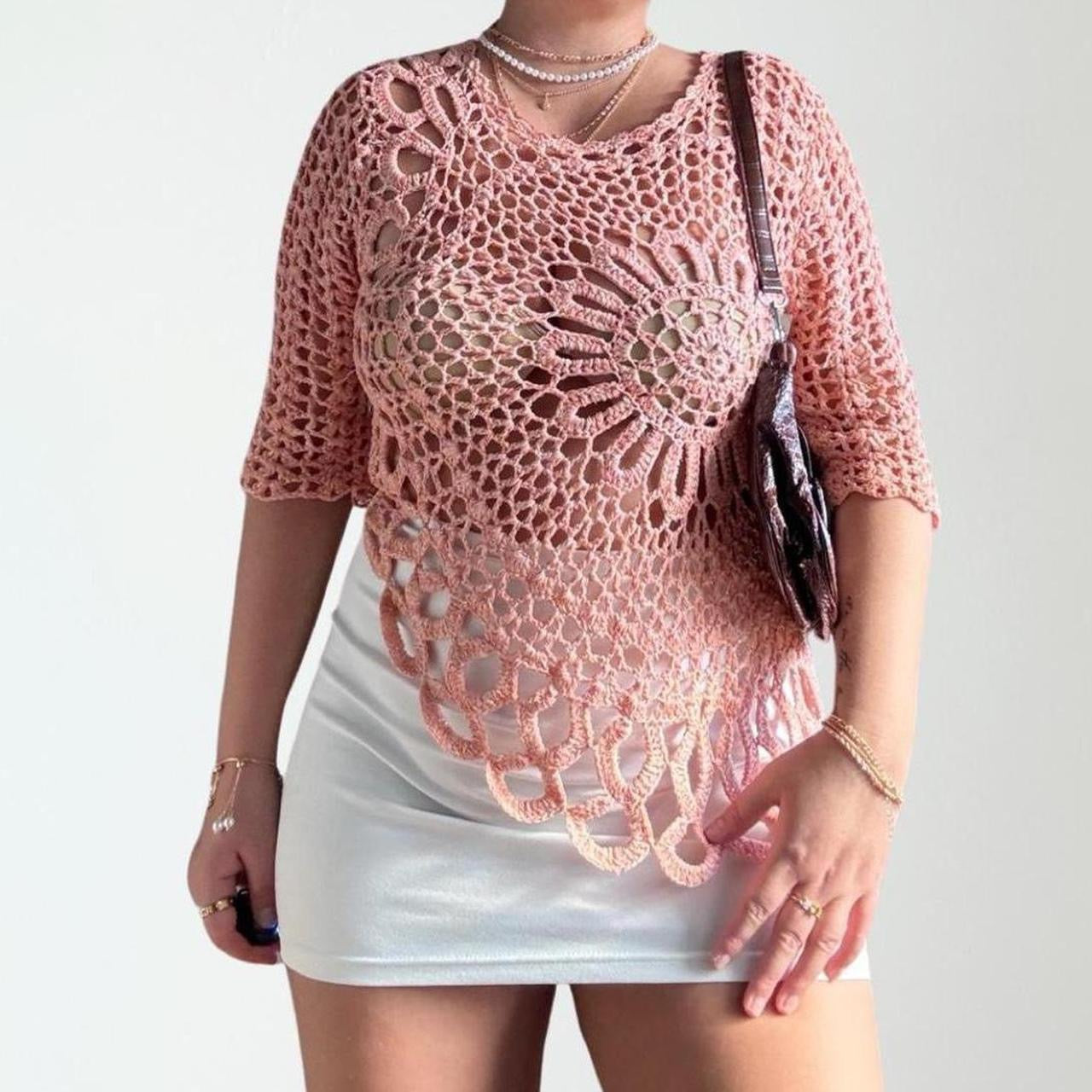 Y2K Crochet Sweater Peachy Top (M)
