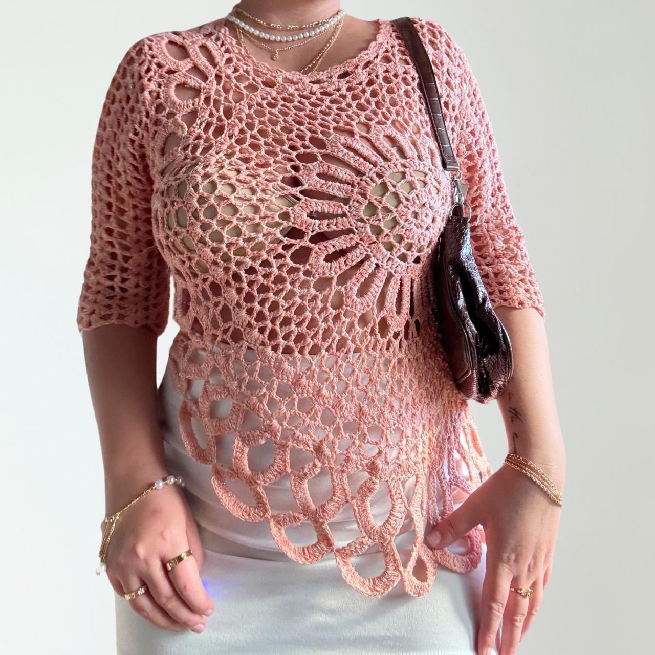 Y2K Crochet Sweater Peachy Top (M)