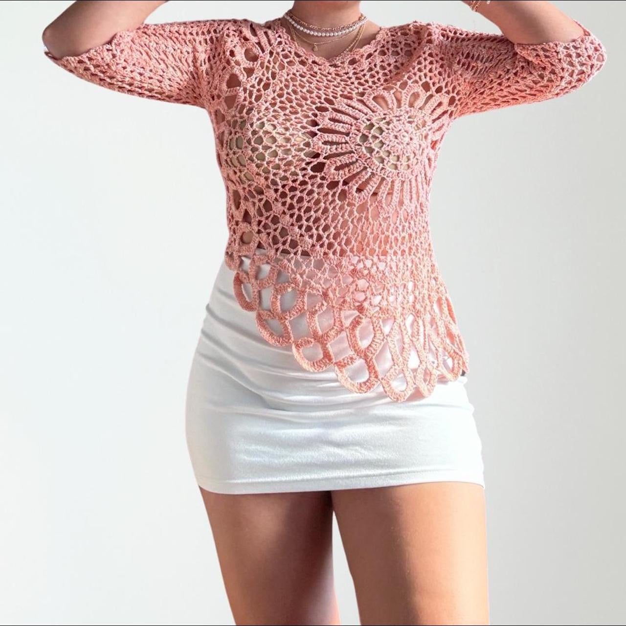 Y2K Crochet Sweater Peachy Top (M)