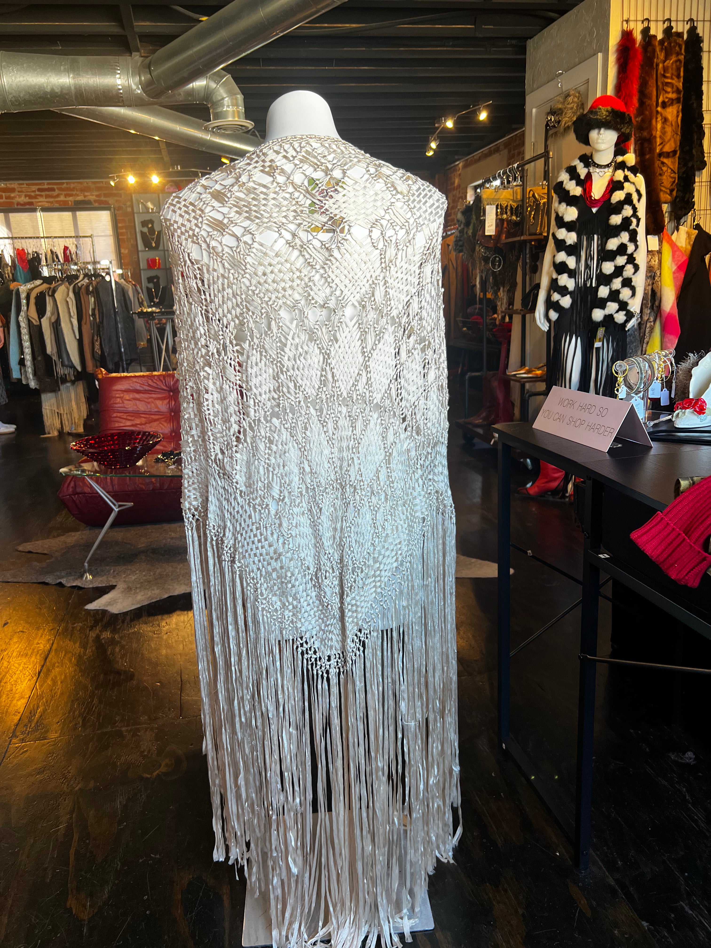 Cream Ribbon Woven Fringe Shawl (OS)