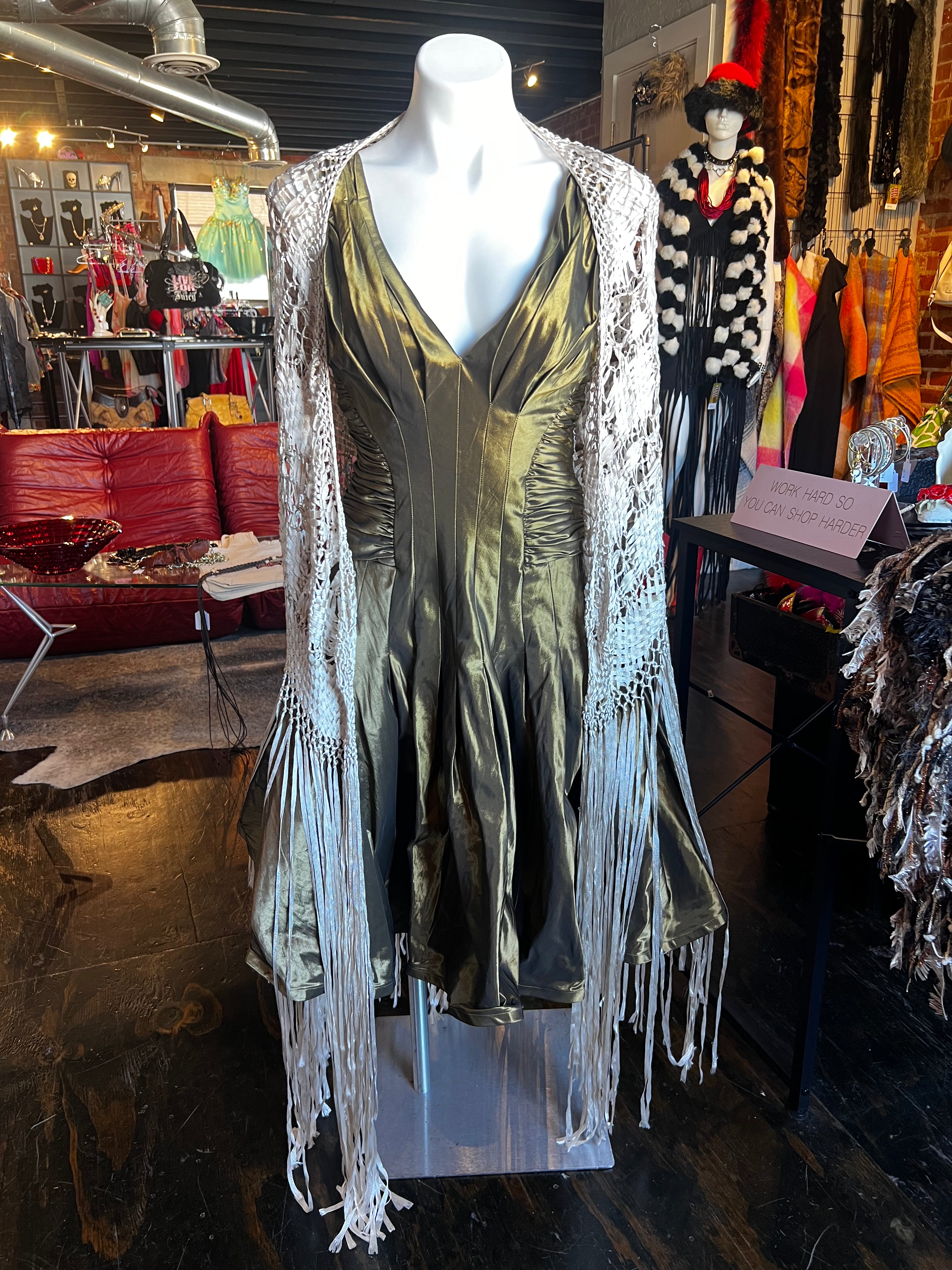 Cream Ribbon Woven Fringe Shawl (OS)