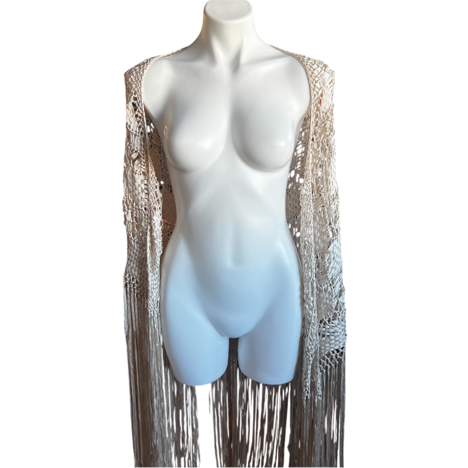 Cream Ribbon Woven Fringe Shawl (OS)