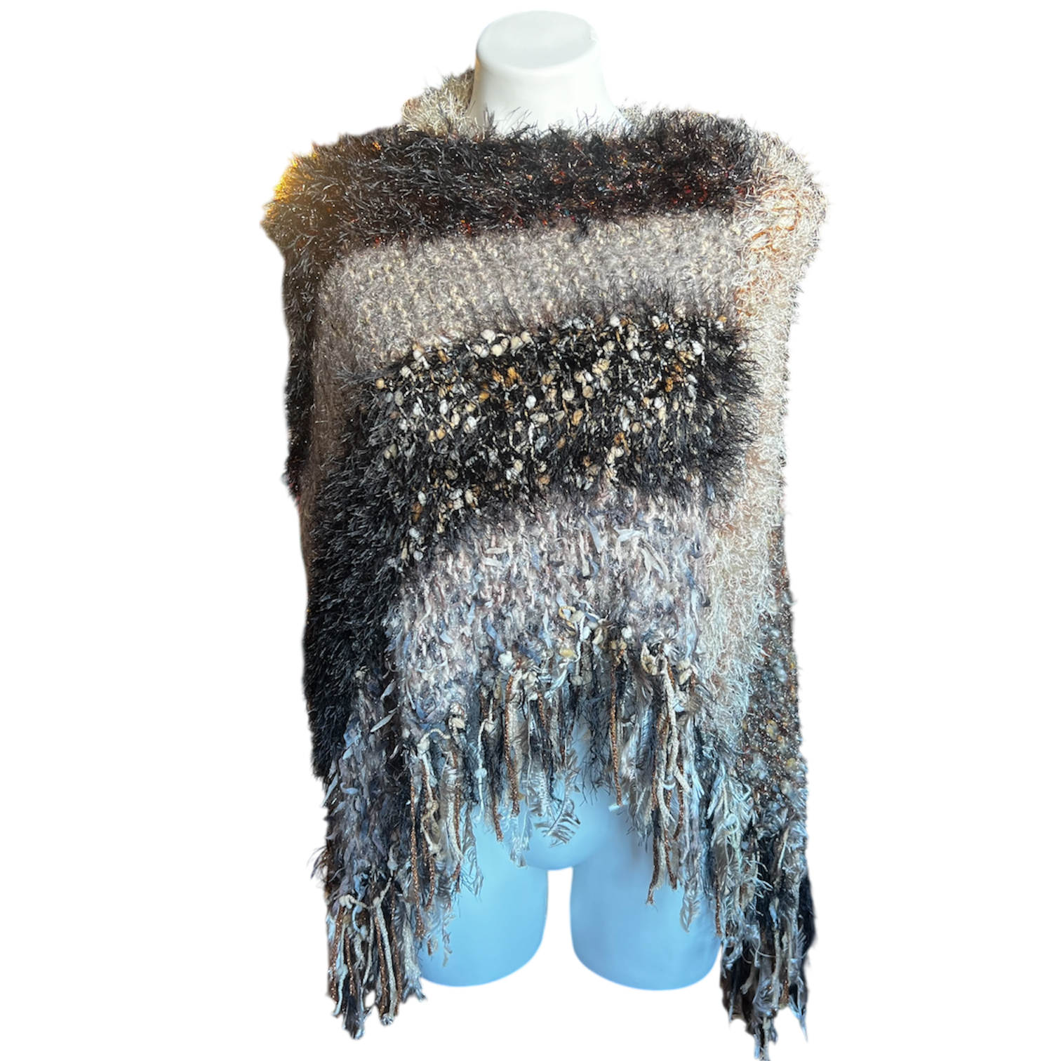 Fuzzy Neutral Tone Fringe Poncho (OS)