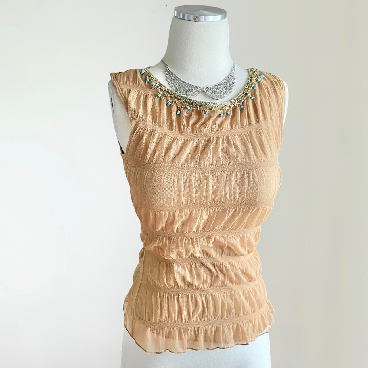 Vintage Ruched Tan Gem Tank Top (S)