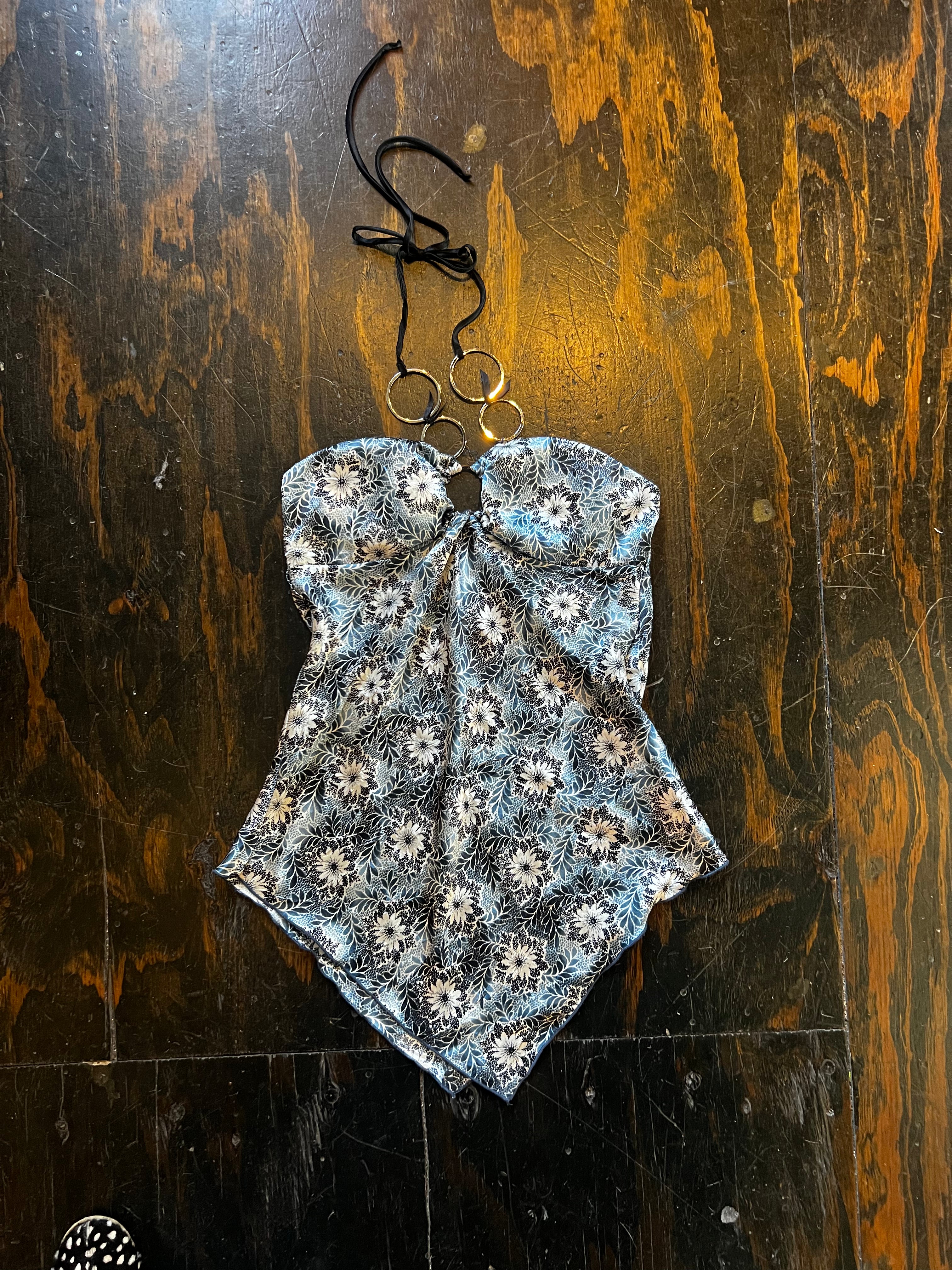 Blue Satin Floral Chain Halter (M)
