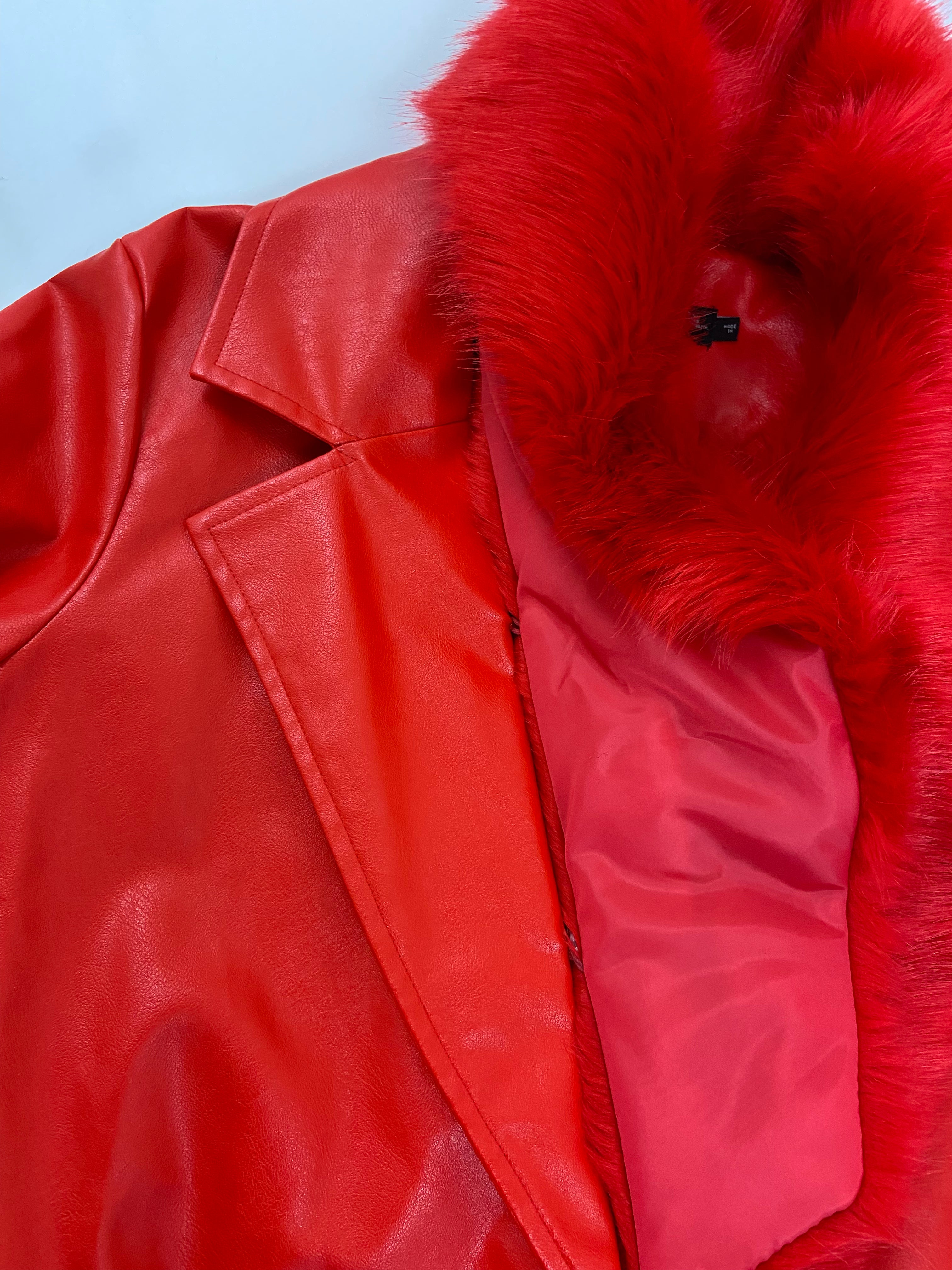Cherry 🍒 red fur lined leather trench coat