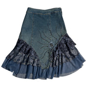 vintage tiered denim lace midi skirt (M)