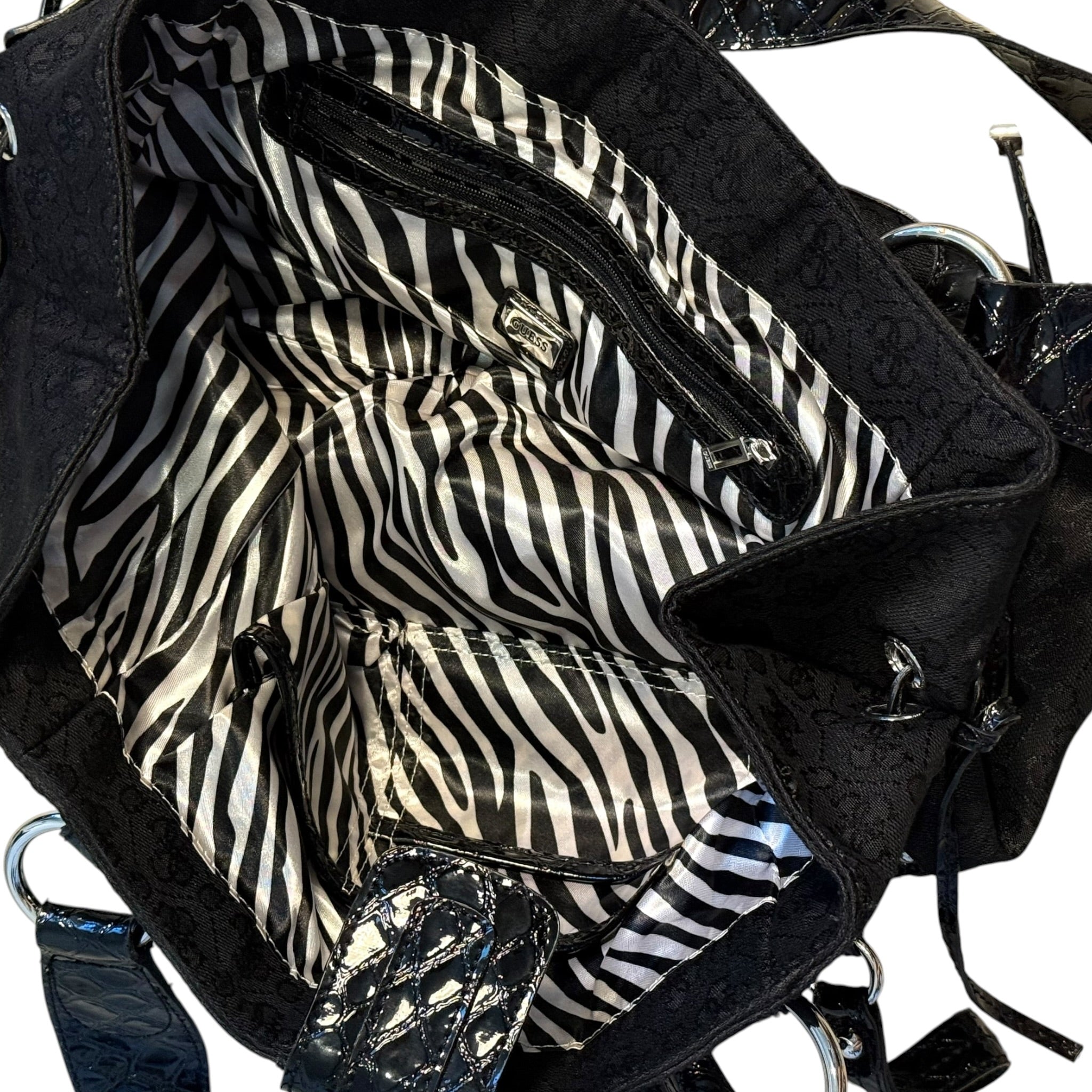 Vintage black GUESS monogram canvas and faux-crocodile shoulder bag
